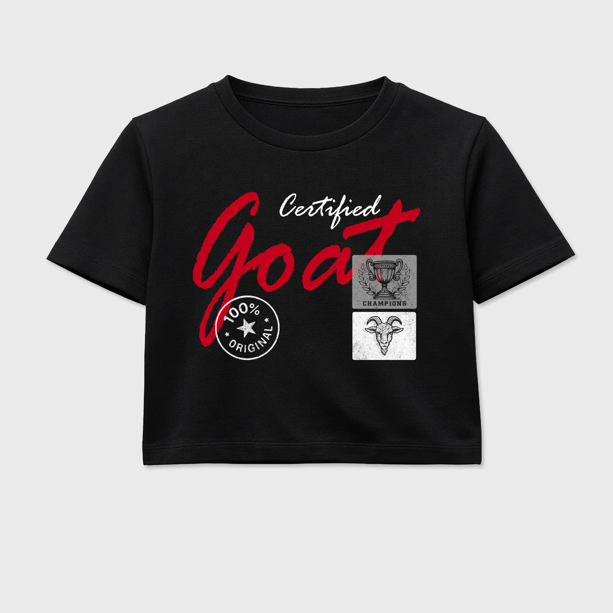 Certified Goat women’s crop tee designed to match the Air Jordan 4 Toro Bravo, featuring coordinated Black 2 options for a perfect streetwear vibe.