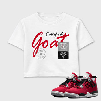 Certified Goat women’s crop tee designed to match the Air Jordan 4 Toro Bravo, featuring coordinated White 1 options for a perfect streetwear vibe.