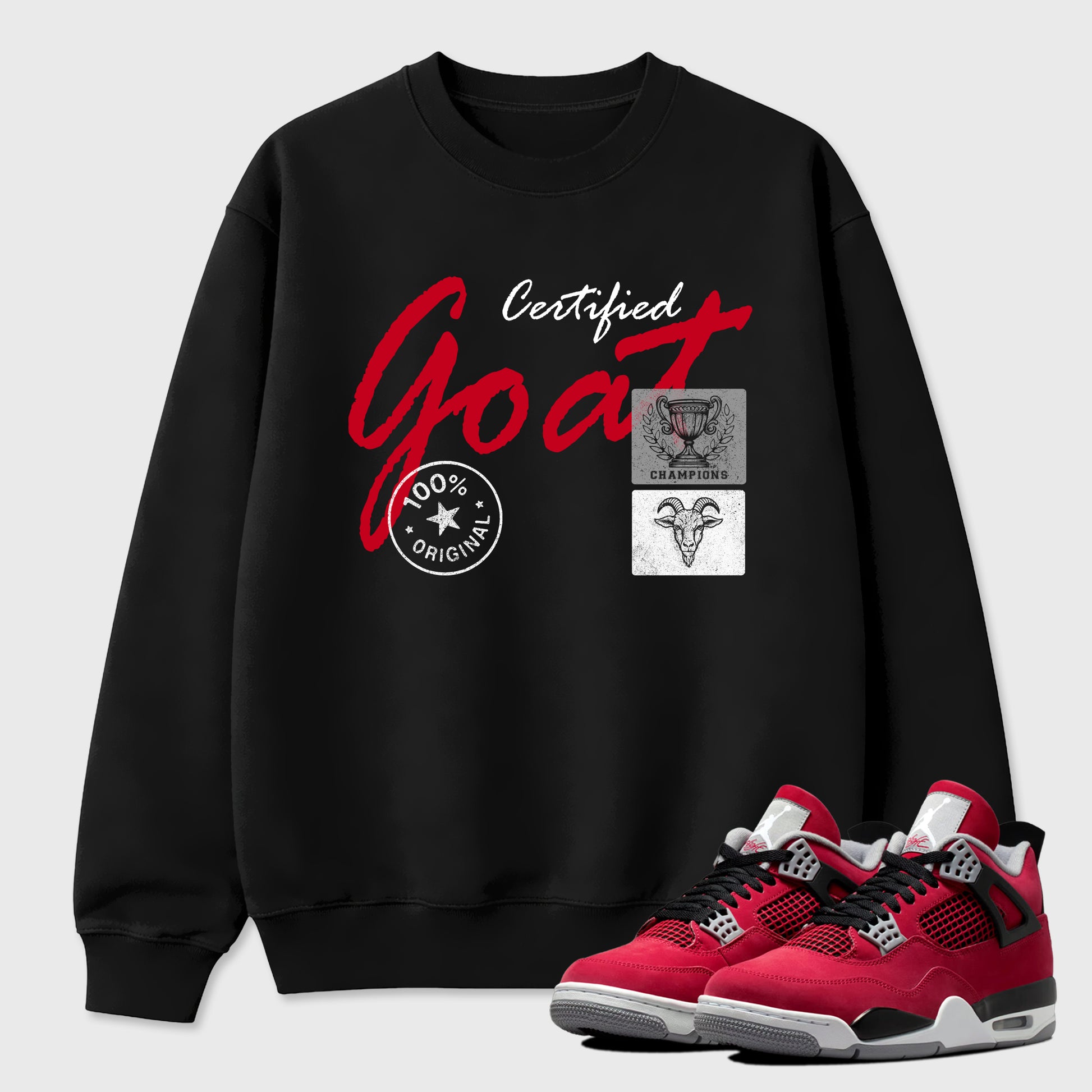 Certified Goat Graphic T-Shirt sneaker match tee designed for the Air Jordan 4 Toro Bravo, featuring coordinated color options for a perfect streetwear match. Black 1 shirt.