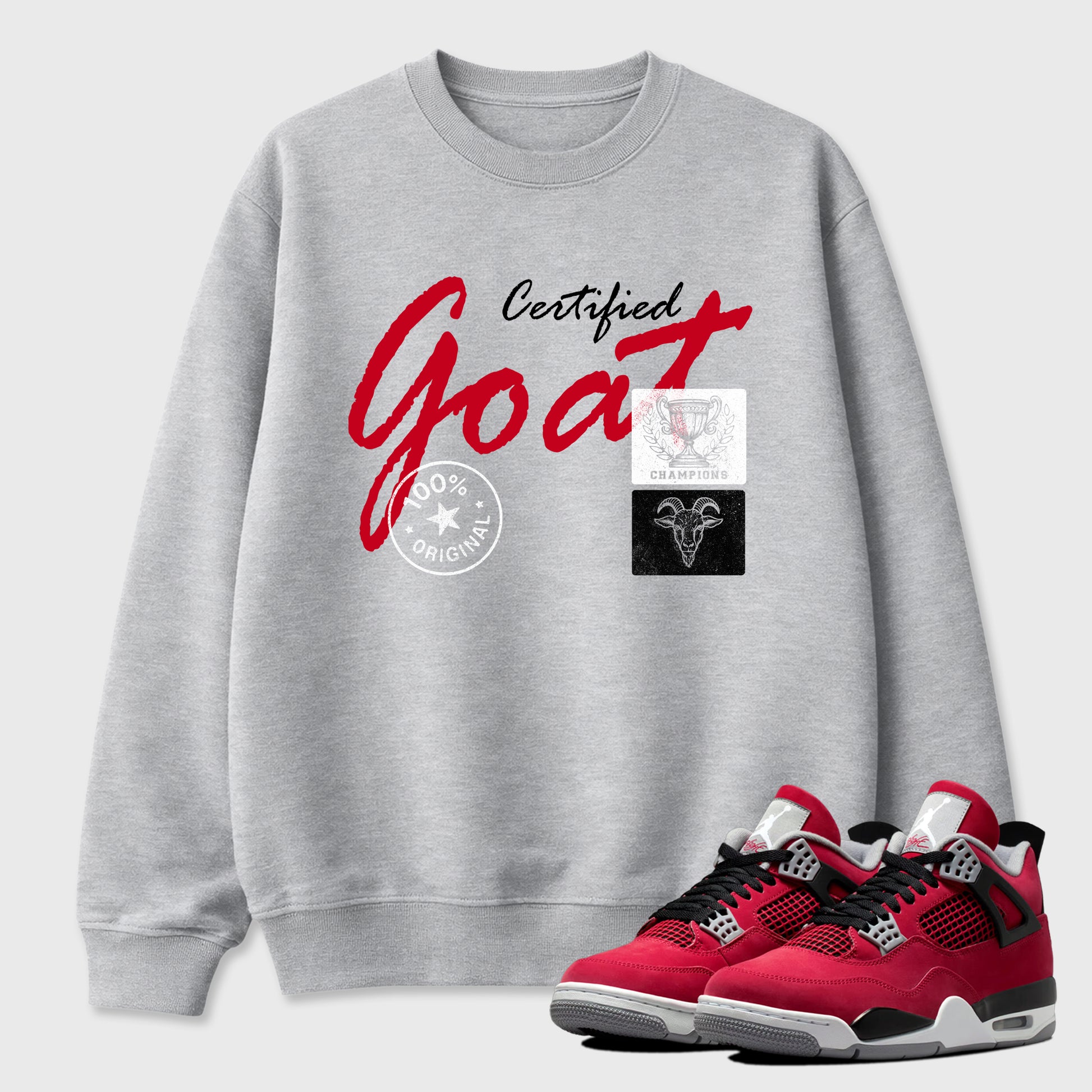 Certified Goat Graphic T-Shirt sneaker match tee designed for the Air Jordan 4 Toro Bravo, featuring coordinated color options for a perfect streetwear match. Heather Grey 1 shirt.