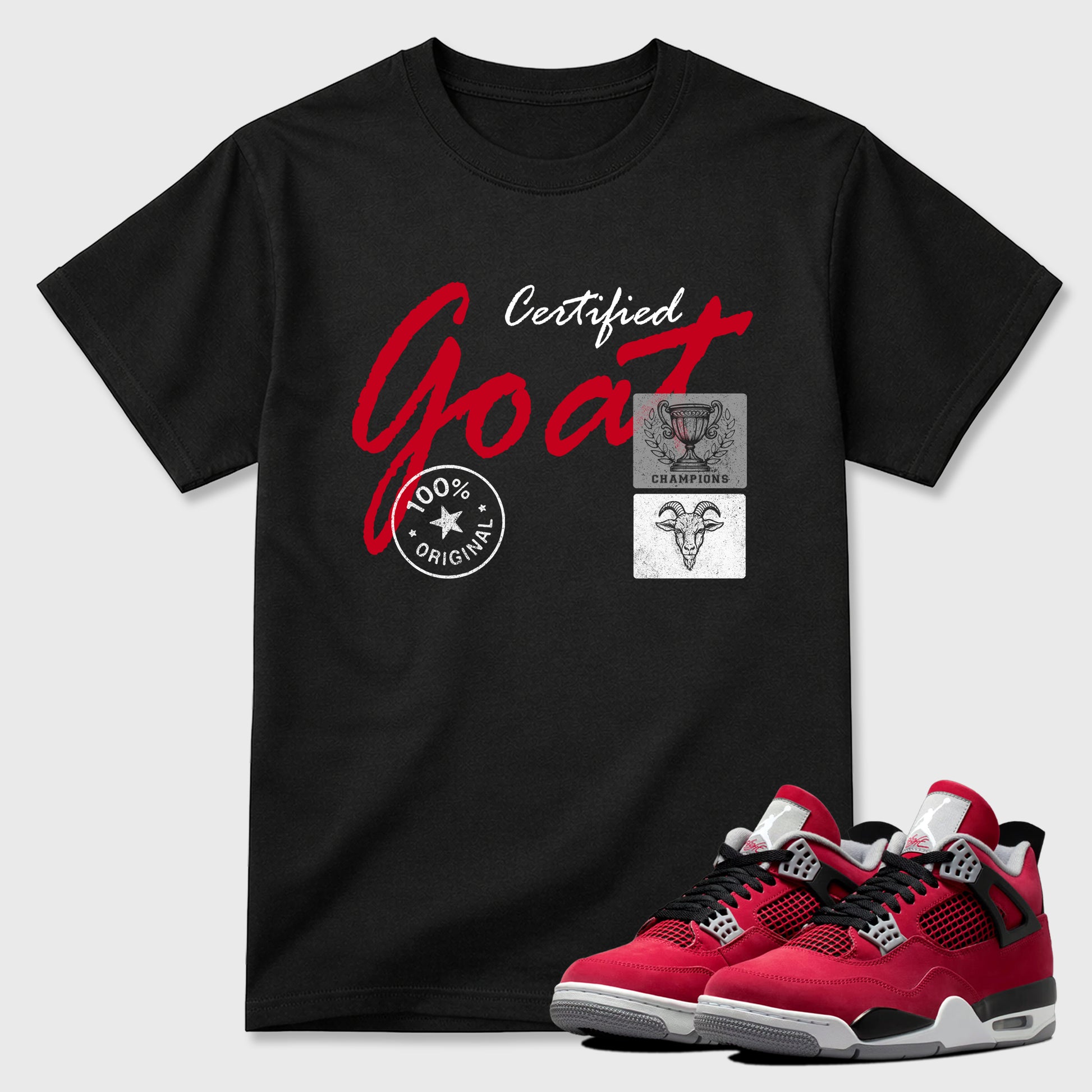 Certified Goat Graphic T-Shirt sneaker match tee designed for the Air Jordan 4 Toro Bravo, featuring coordinated color options for a perfect streetwear match. Black 1 shirt.