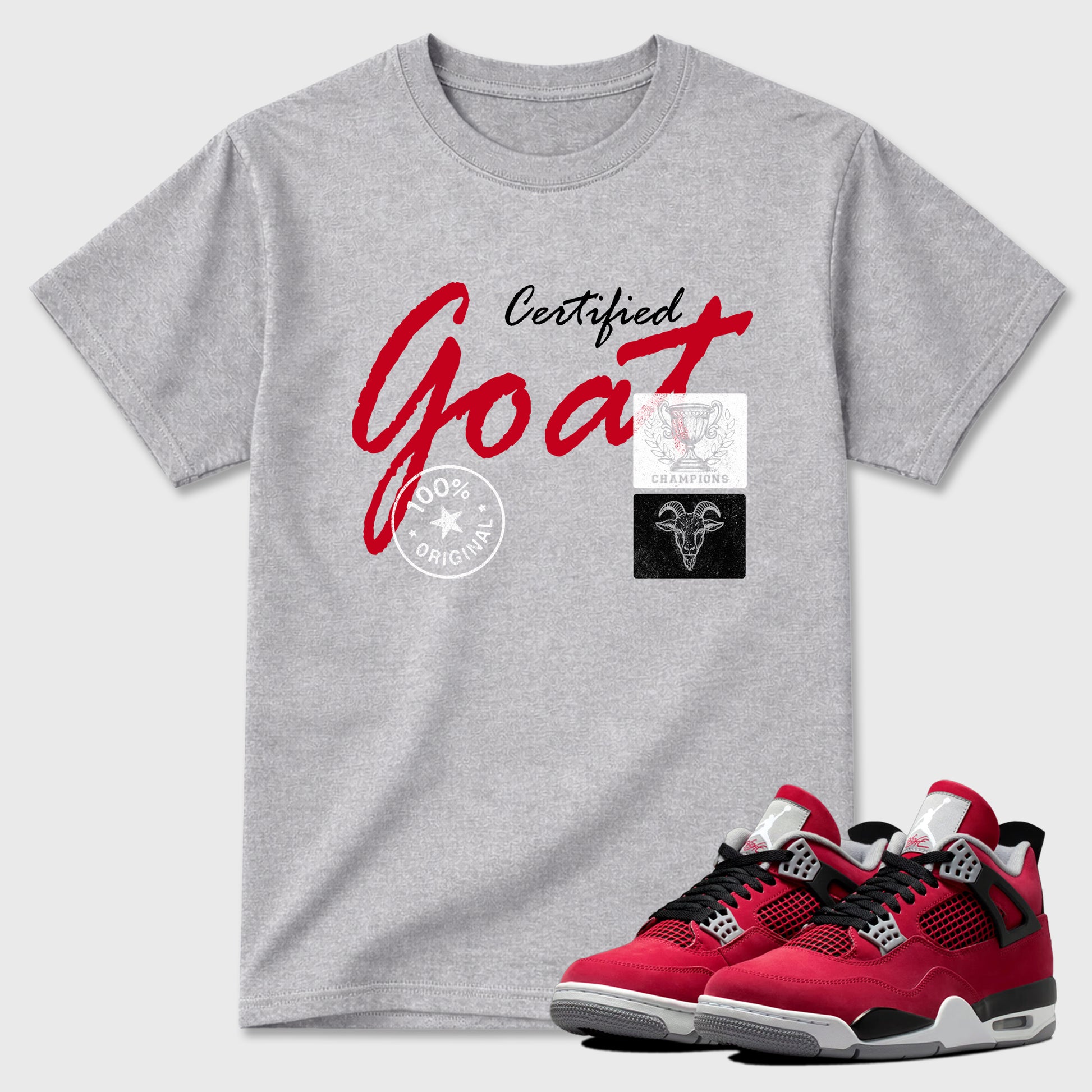 Certified Goat Graphic T-Shirt sneaker match tee designed for the Air Jordan 4 Toro Bravo, featuring coordinated color options for a perfect streetwear match. Heather Grey 1 shirt.