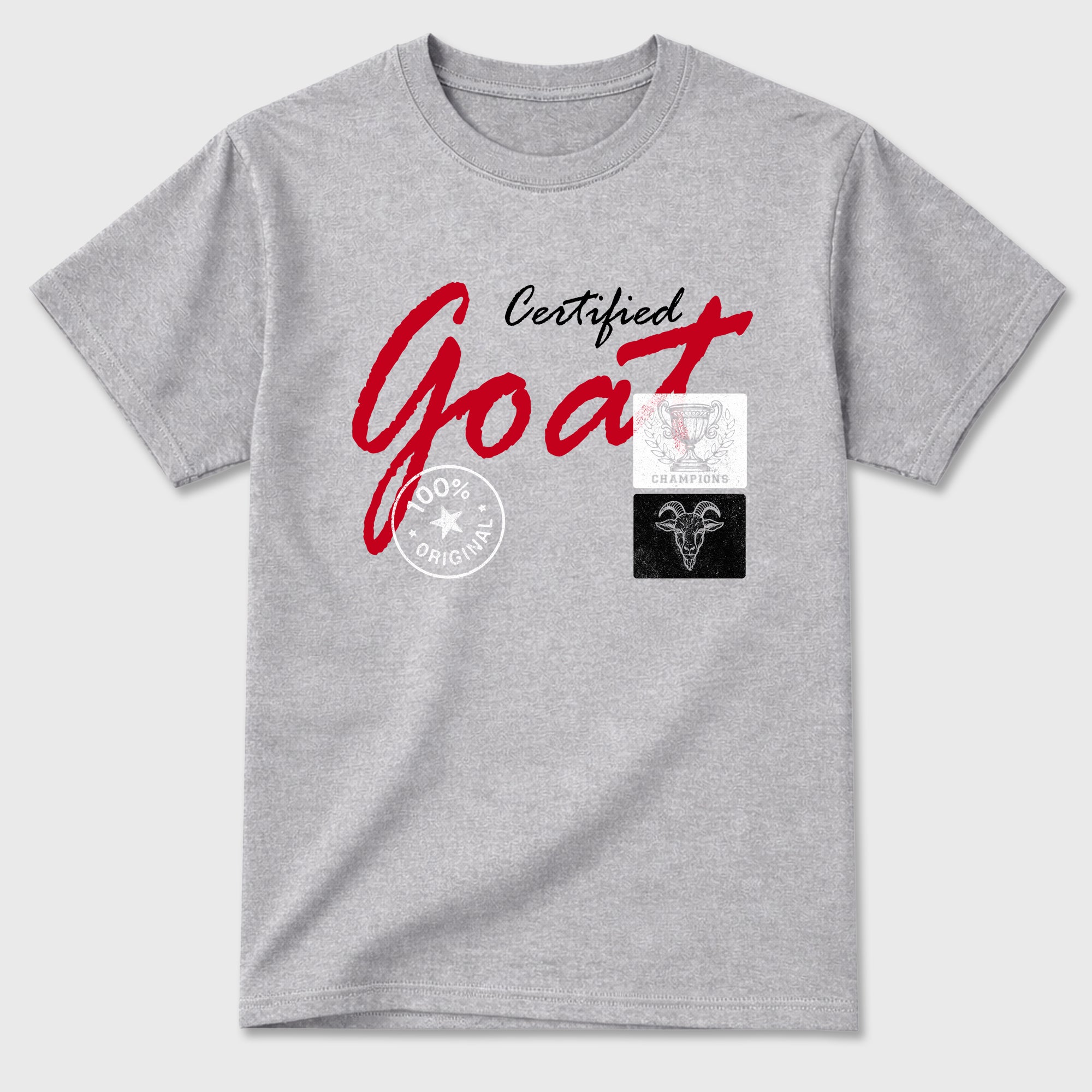 Certified Goat Graphic T-Shirt sneaker match tee designed for the Air Jordan 4 Toro Bravo, featuring coordinated color options for a perfect streetwear match. Heather Grey 2 shirt.