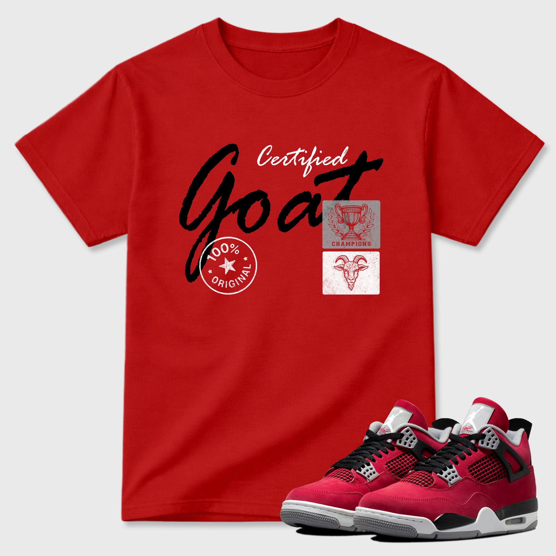 Certified Goat Graphic T-Shirt sneaker match tee designed for the Air Jordan 4 Toro Bravo, featuring coordinated color options for a perfect streetwear match. Red 1 shirt.