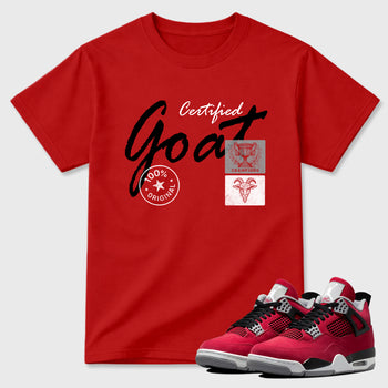 Certified Goat Graphic T-Shirt sneaker match tee designed for the Air Jordan 4 Toro Bravo, featuring coordinated color options for a perfect streetwear match. Red 1 shirt.