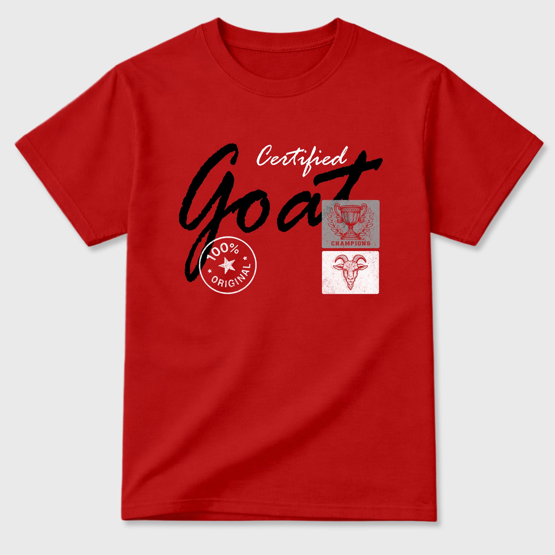 Certified Goat Graphic T-Shirt sneaker match tee designed for the Air Jordan 4 Toro Bravo, featuring coordinated color options for a perfect streetwear match. Red 2 shirt.