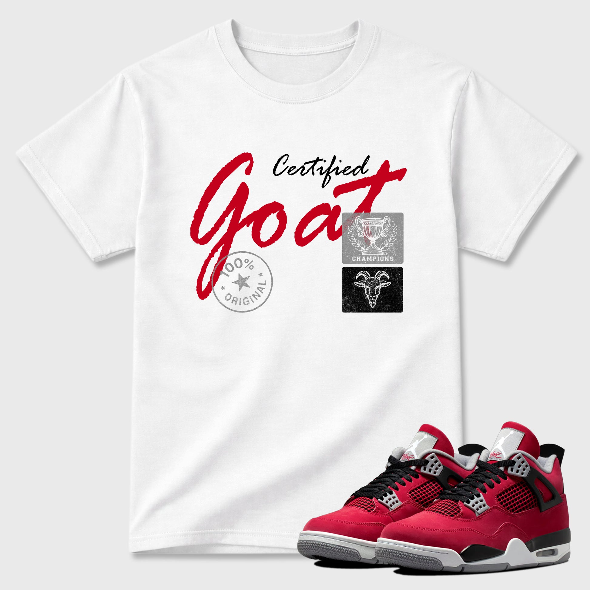 Certified Goat Graphic T-Shirt sneaker match tee designed for the Air Jordan 4 Toro Bravo, featuring coordinated color options for a perfect streetwear match. White 1 shirt.