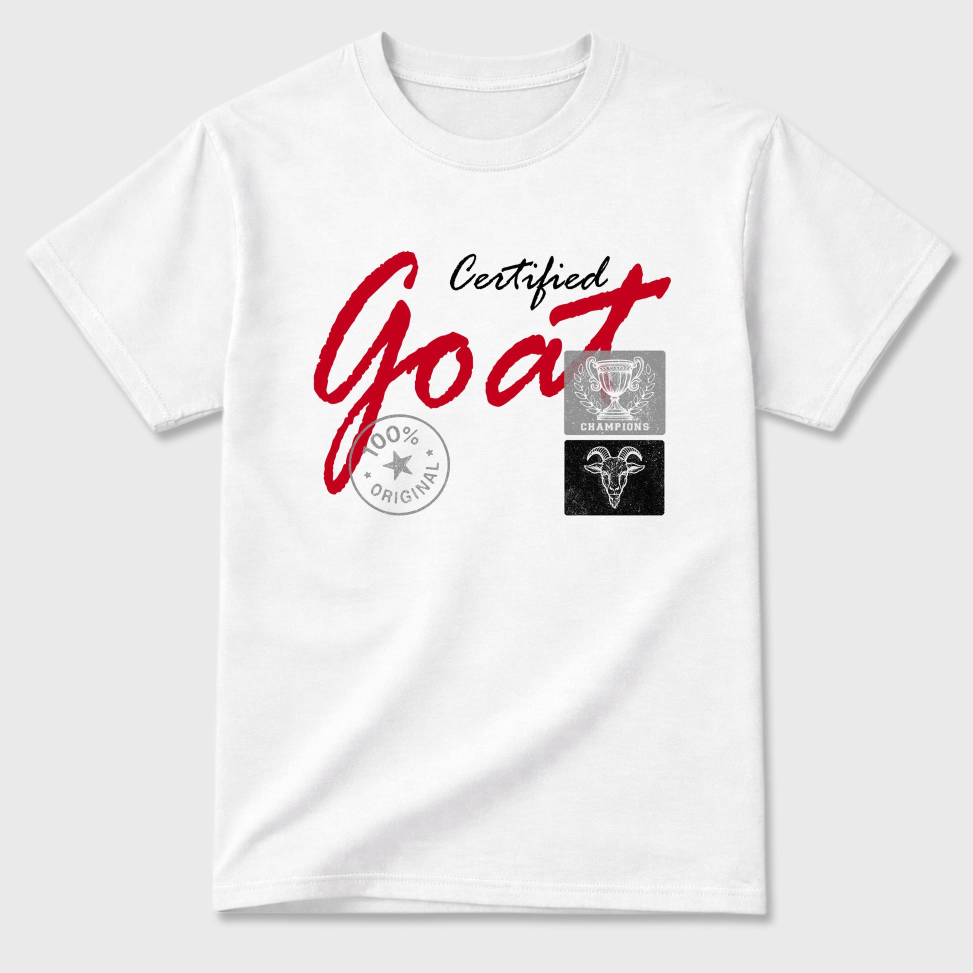 Certified Goat Graphic T-Shirt sneaker match tee designed for the Air Jordan 4 Toro Bravo, featuring coordinated color options for a perfect streetwear match. White 2 shirt.