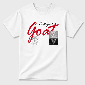 Certified Goat Graphic T-Shirt sneaker match tee designed for the Air Jordan 4 Toro Bravo, featuring coordinated color options for a perfect streetwear match. White 2 shirt.