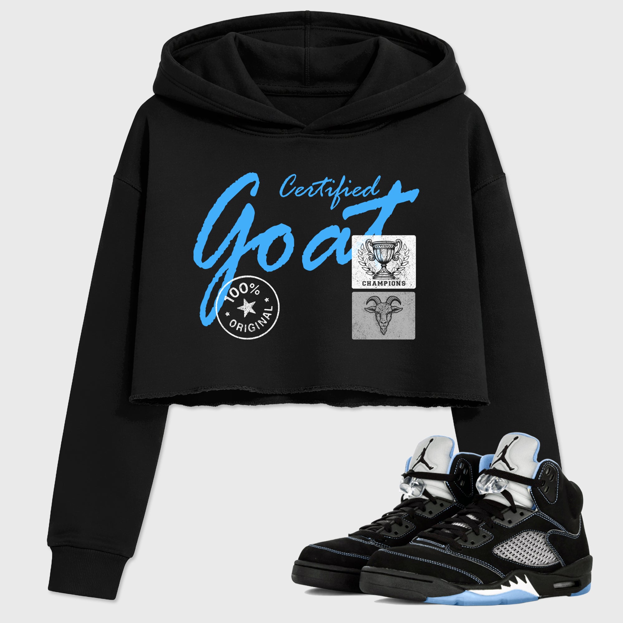 Certified Goat women’s crop tee designed to match the Air Jordan 5 Black Carolina, featuring coordinated Black 1 options for a perfect streetwear vibe.