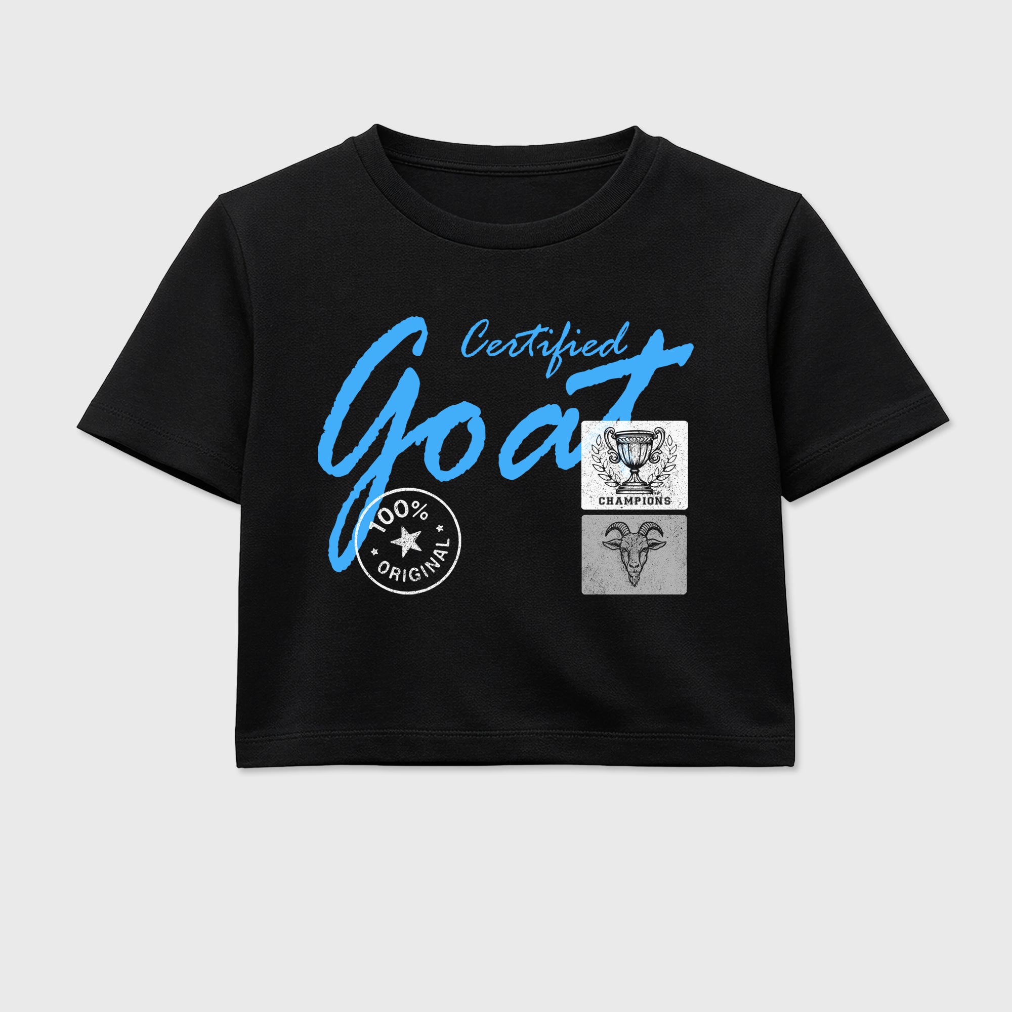 Certified Goat women’s crop tee designed to match the Air Jordan 5 Black Carolina, featuring coordinated Black 2 options for a perfect streetwear vibe.