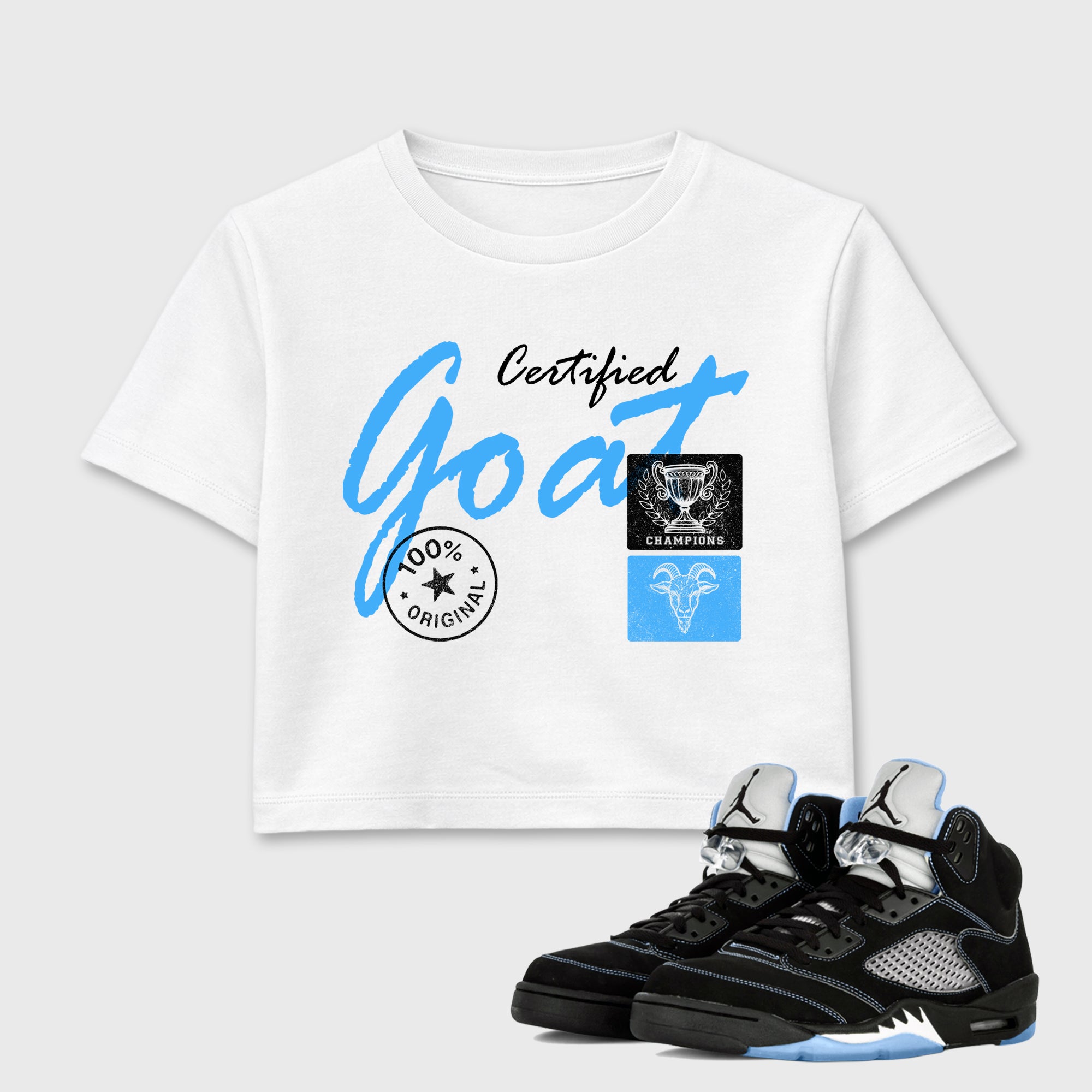 Certified Goat women’s crop tee designed to match the Air Jordan 5 Black Carolina, featuring coordinated White 1 options for a perfect streetwear vibe.