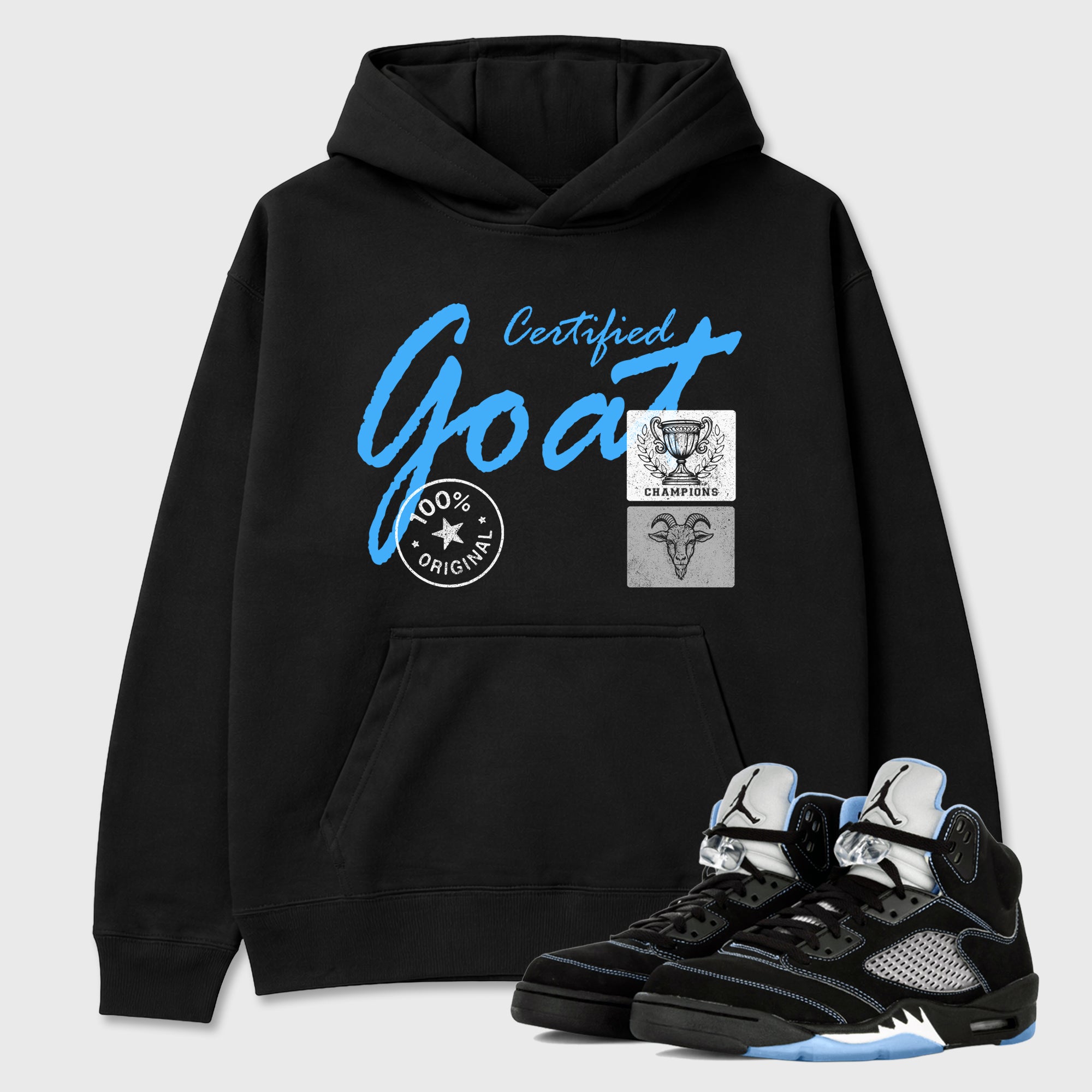 Certified Goat Graphic T-Shirt sneaker match tee designed for the Air Jordan 5 Black Carolina, featuring coordinated color options for a perfect streetwear match. Black 1 shirt.