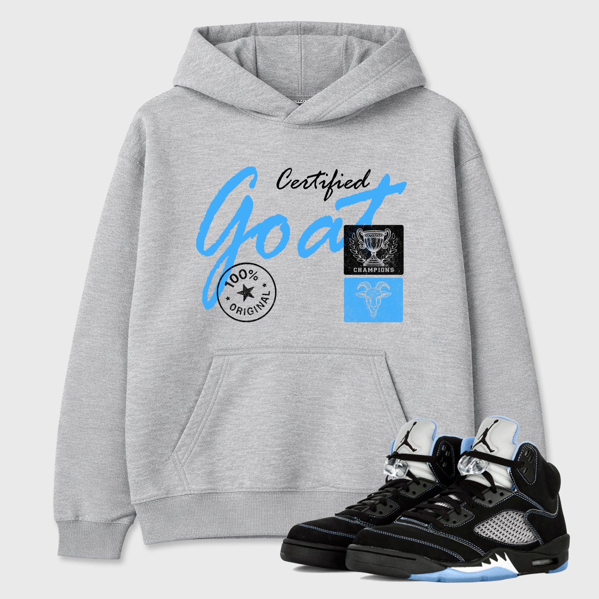 Certified Goat Graphic T-Shirt sneaker match tee designed for the Air Jordan 5 Black Carolina, featuring coordinated color options for a perfect streetwear match. Heather Grey 1 shirt.