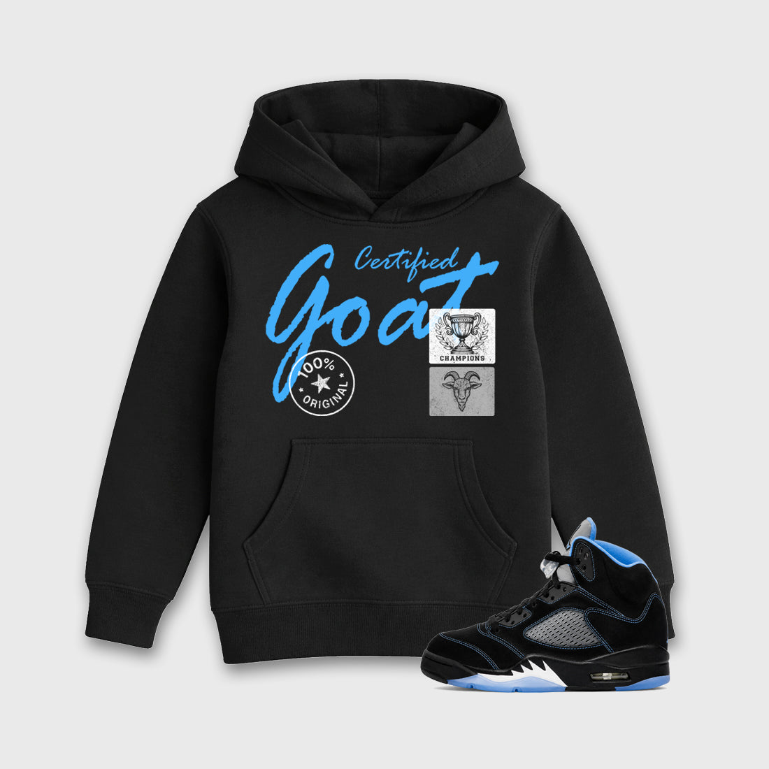 Certified Goat affordable baby and kids t-shirt designed to match the Air Jordan 5 Black Carolina, featuring coordinated Black 1 options for the perfect little sneakerhead streetwear look.