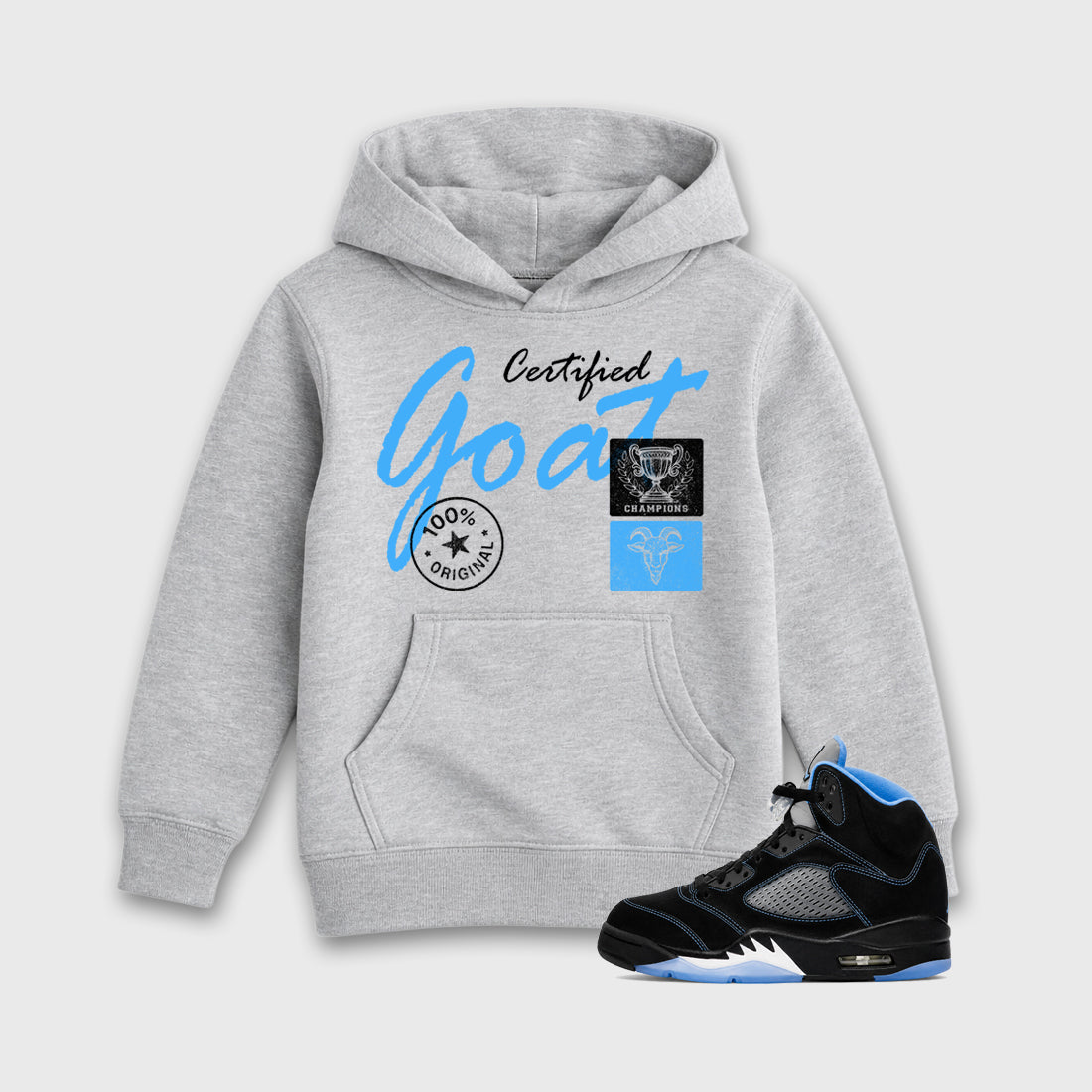 Certified Goat affordable baby and kids t-shirt designed to match the Air Jordan 5 Black Carolina, featuring coordinated Heather Grey 1 options for the perfect little sneakerhead streetwear look.