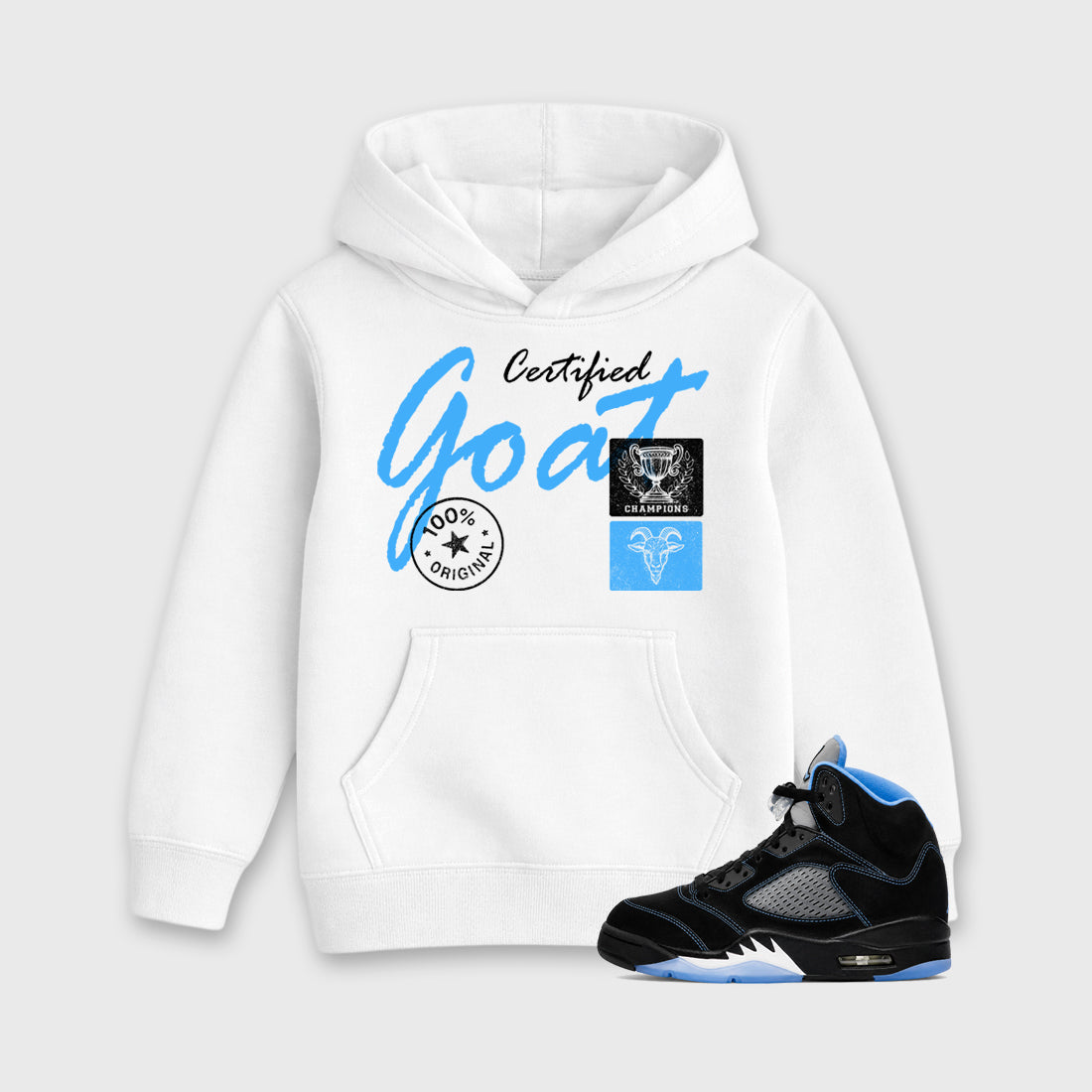 Certified Goat affordable baby and kids t-shirt designed to match the Air Jordan 5 Black Carolina, featuring coordinated White 1 options for the perfect little sneakerhead streetwear look.
