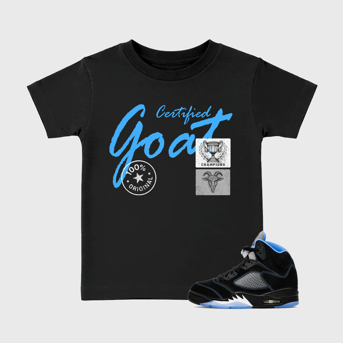Certified Goat affordable baby and kids t-shirt designed to match the Air Jordan 5 Black Carolina, featuring coordinated Black 1 options for the perfect little sneakerhead streetwear look.