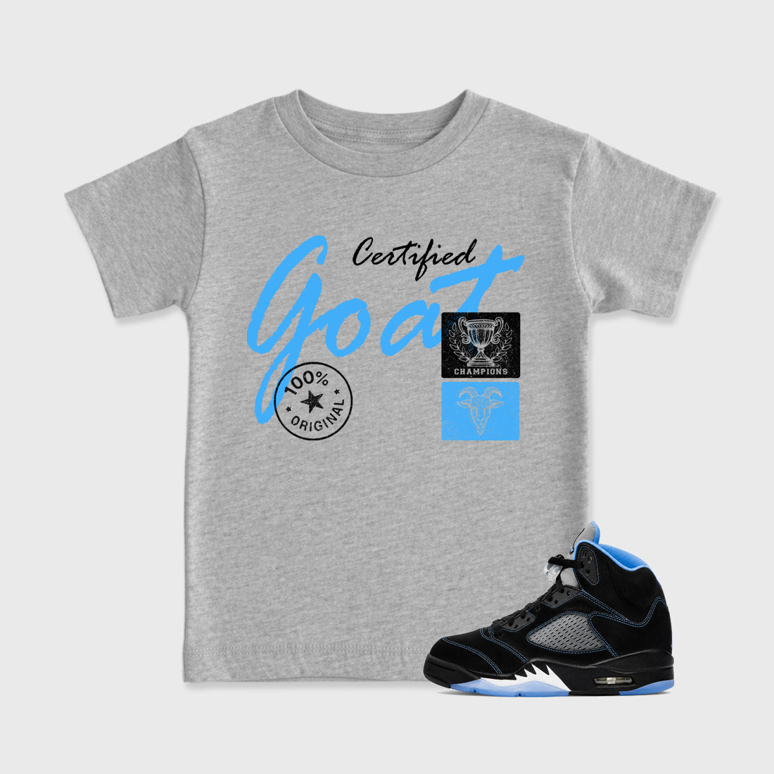 Certified Goat affordable baby and kids t-shirt designed to match the Air Jordan 5 Black Carolina, featuring coordinated Heather Grey 1 options for the perfect little sneakerhead streetwear look.