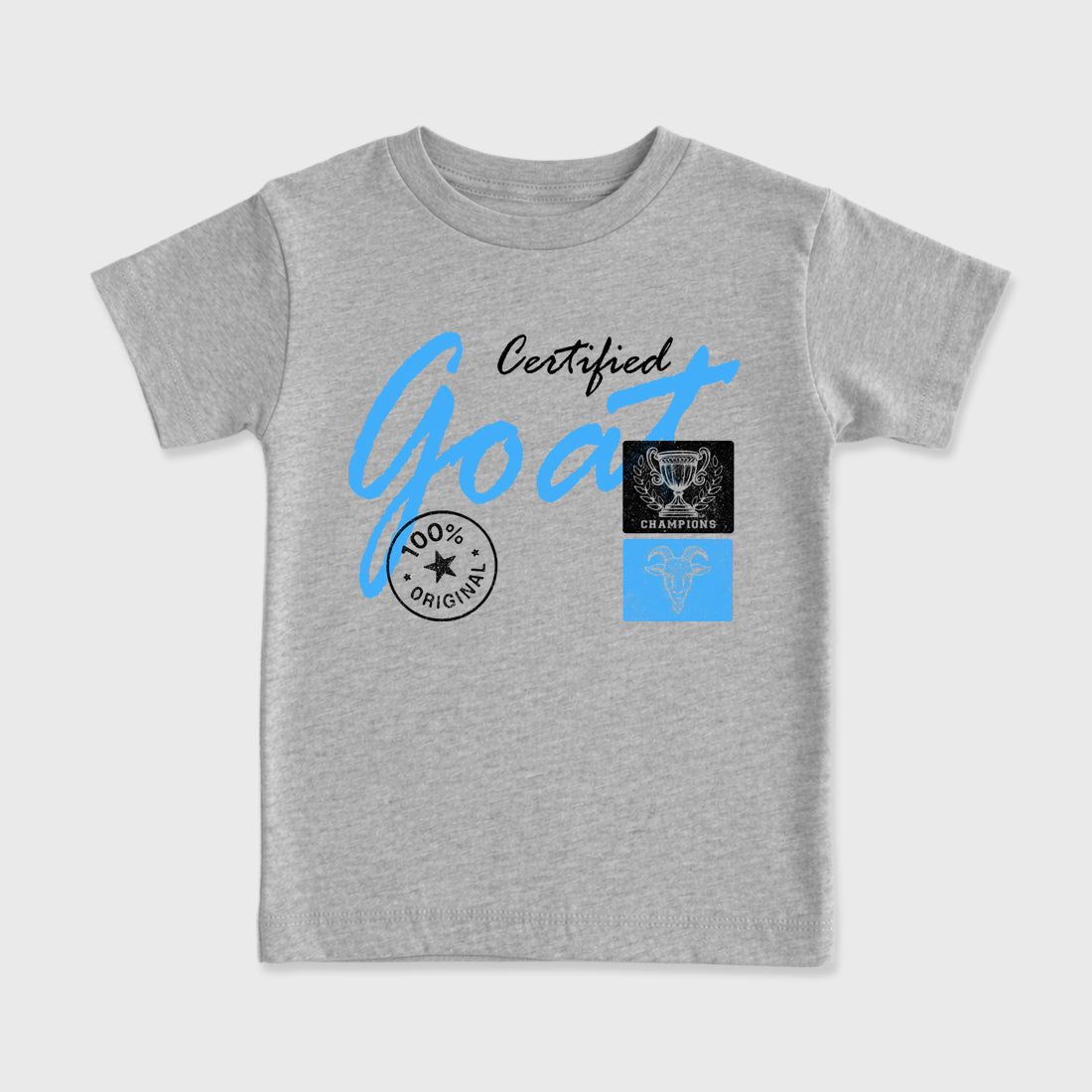 Certified Goat affordable baby and kids t-shirt designed to match the Air Jordan 5 Black Carolina, featuring coordinated Heather Grey 2 options for the perfect little sneakerhead streetwear look.