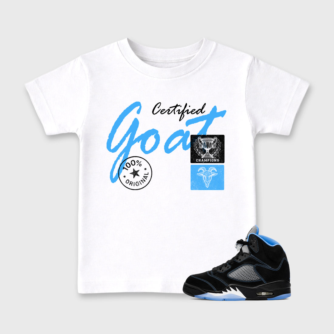 Certified Goat affordable baby and kids t-shirt designed to match the Air Jordan 5 Black Carolina, featuring coordinated White 1 options for the perfect little sneakerhead streetwear look.