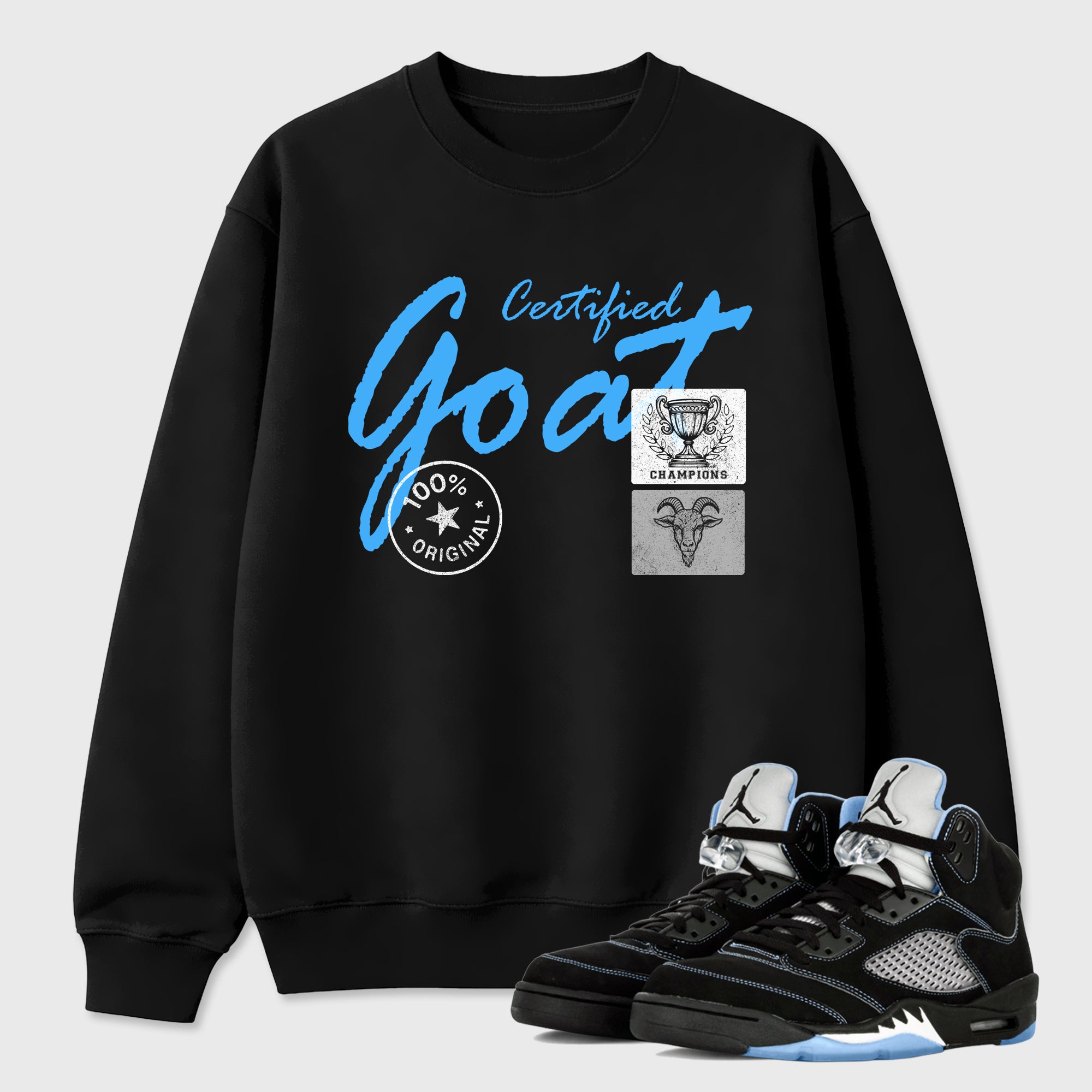 Certified Goat Graphic T-Shirt sneaker match tee designed for the Air Jordan 5 Black Carolina, featuring coordinated color options for a perfect streetwear match. Black 1 shirt.