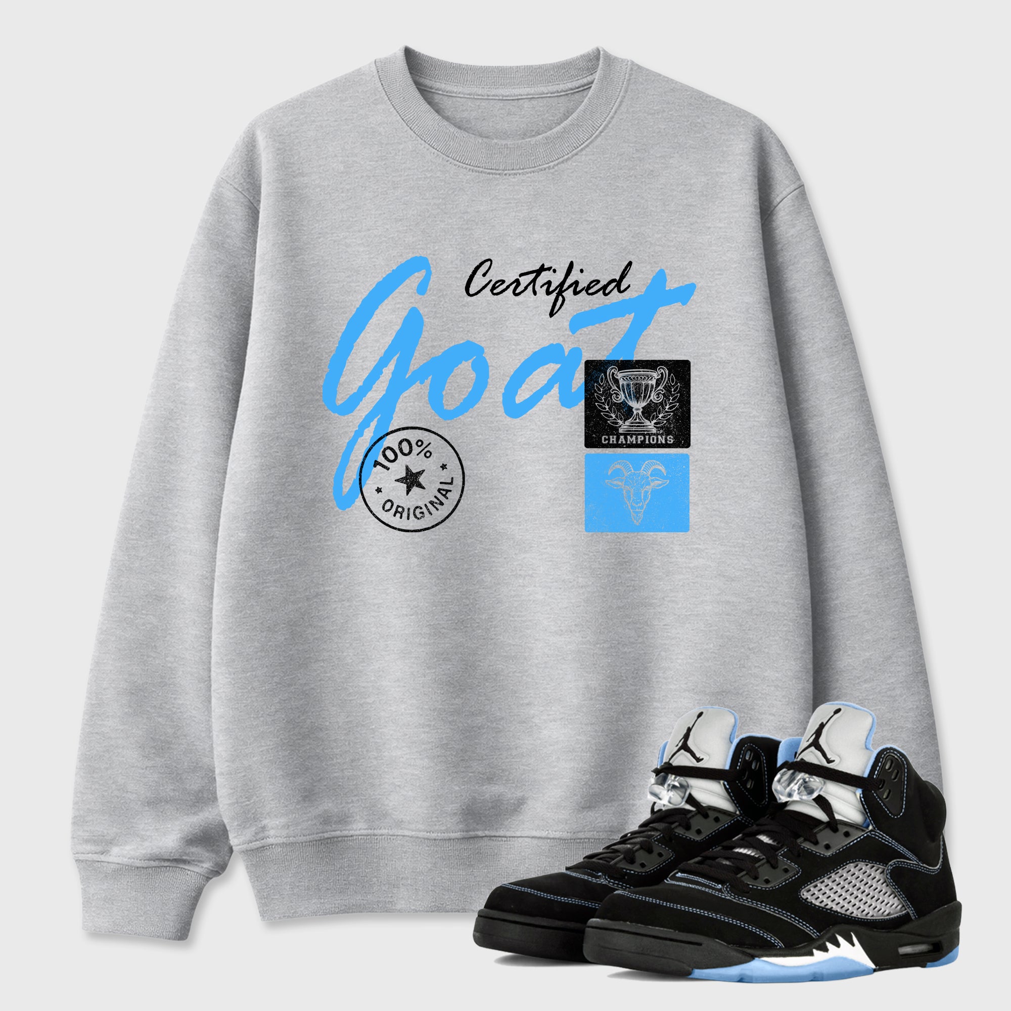 Certified Goat Graphic T-Shirt sneaker match tee designed for the Air Jordan 5 Black Carolina, featuring coordinated color options for a perfect streetwear match. Heather Grey 1 shirt.