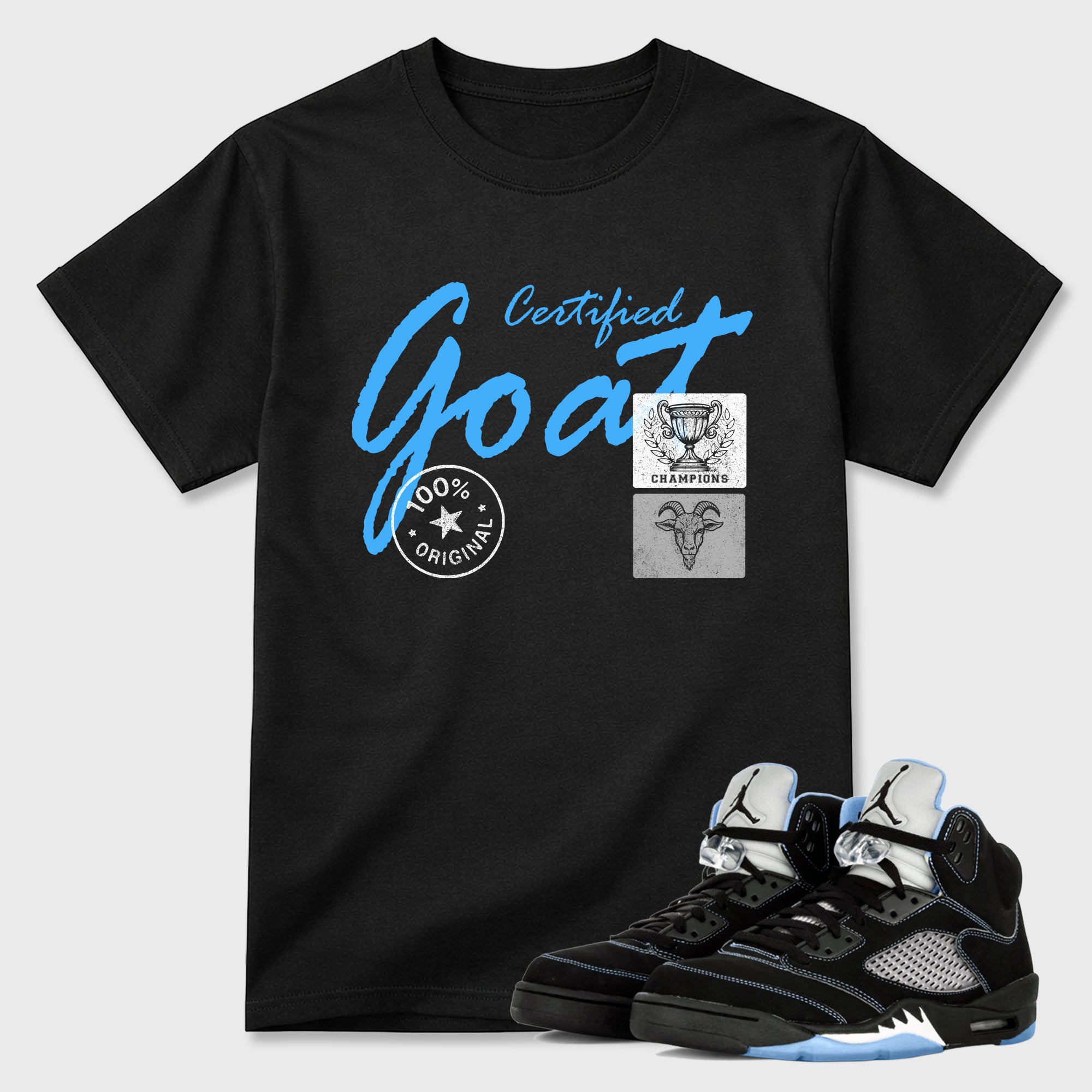 Certified Goat Graphic T-Shirt sneaker match tee designed for the Air Jordan 5 Black Carolina, featuring coordinated color options for a perfect streetwear match. Black 1 shirt.