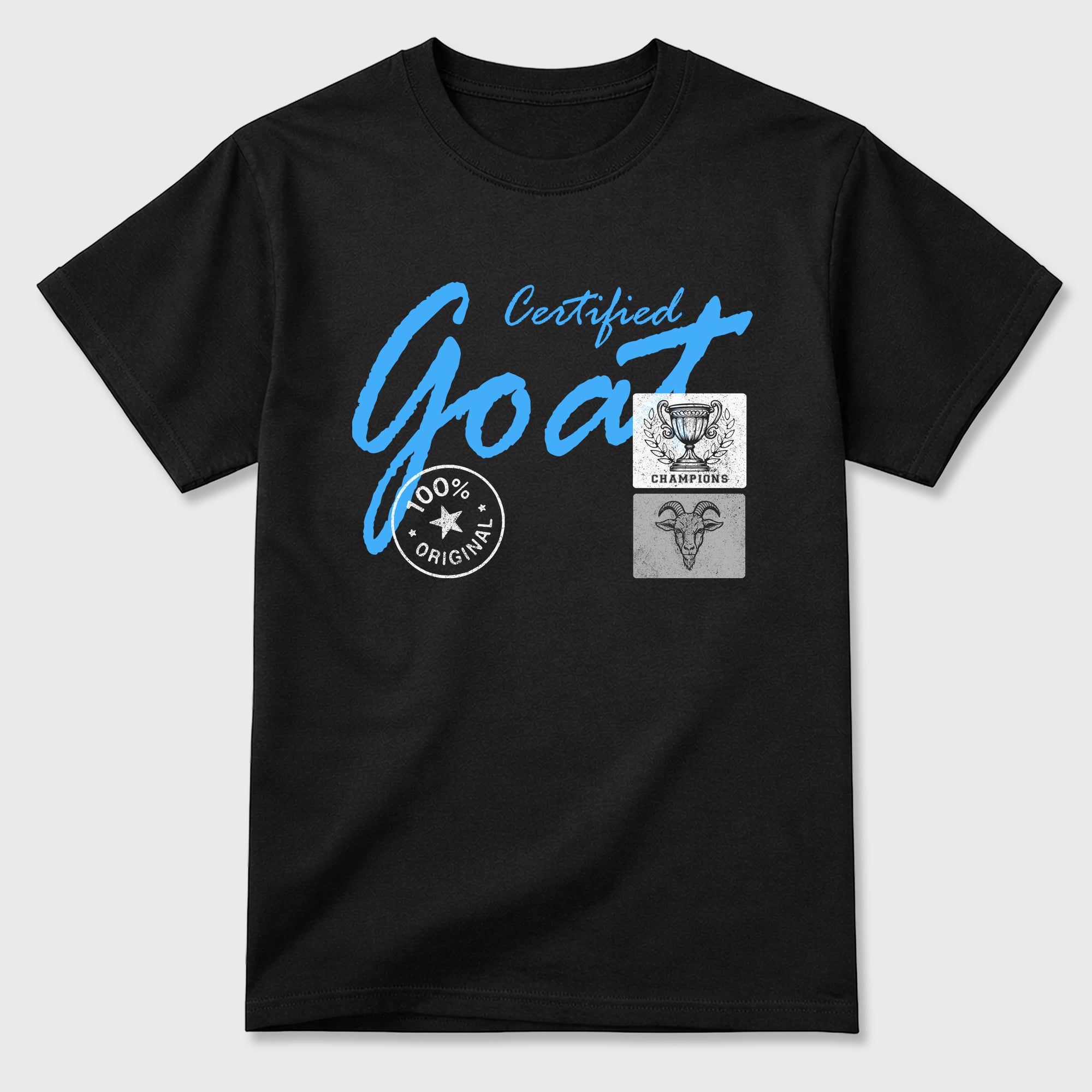 Certified Goat Graphic T-Shirt sneaker match tee designed for the Air Jordan 5 Black Carolina, featuring coordinated color options for a perfect streetwear match. Black 2 shirt.