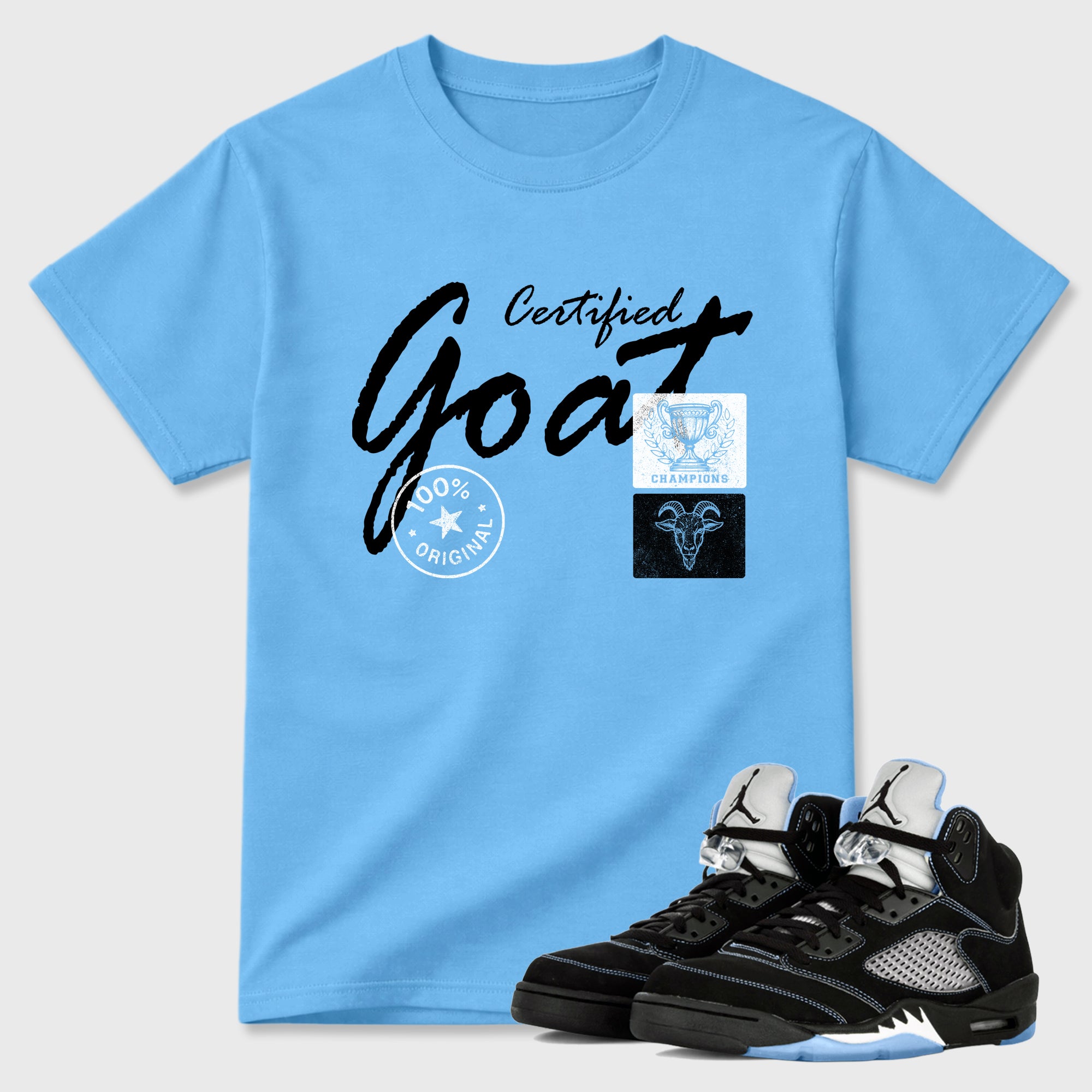 Certified Goat Graphic T-Shirt sneaker match tee designed for the Air Jordan 5 Black Carolina, featuring coordinated color options for a perfect streetwear match. Carolina Blue 1 shirt.