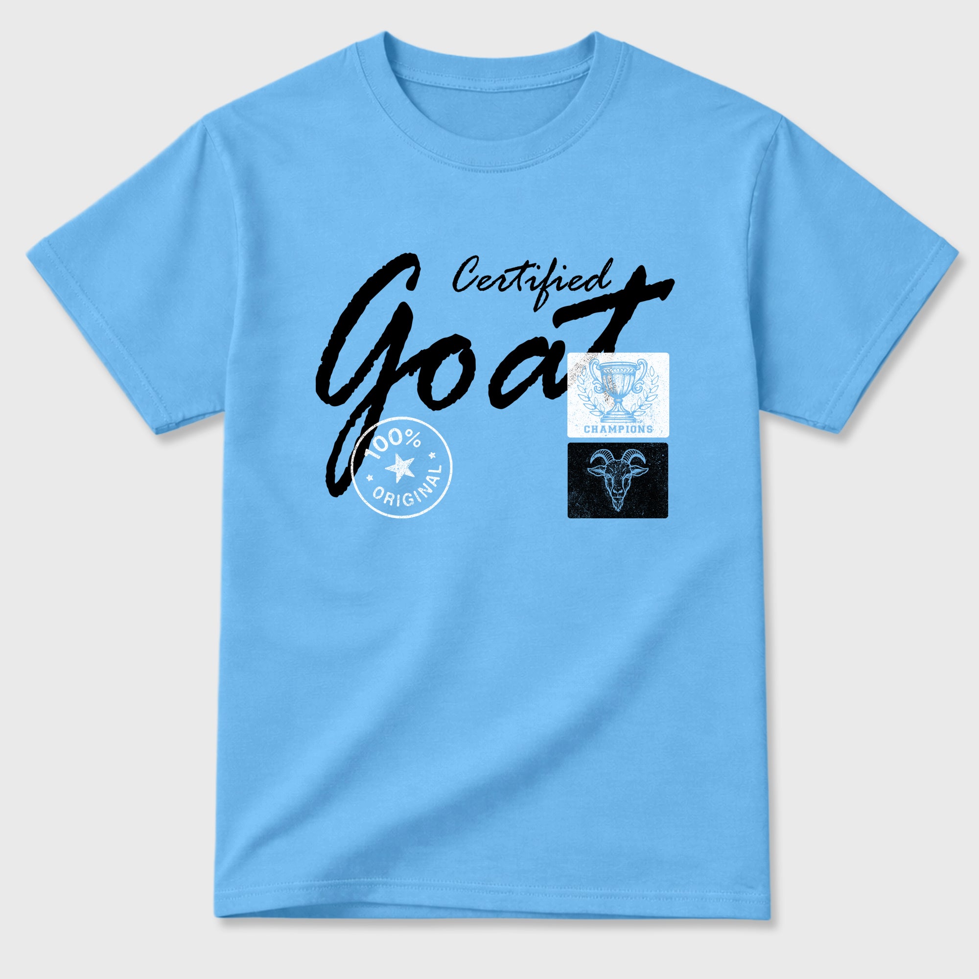 Certified Goat Graphic T-Shirt sneaker match tee designed for the Air Jordan 5 Black Carolina, featuring coordinated color options for a perfect streetwear match. Carolina Blue 2 shirt.
