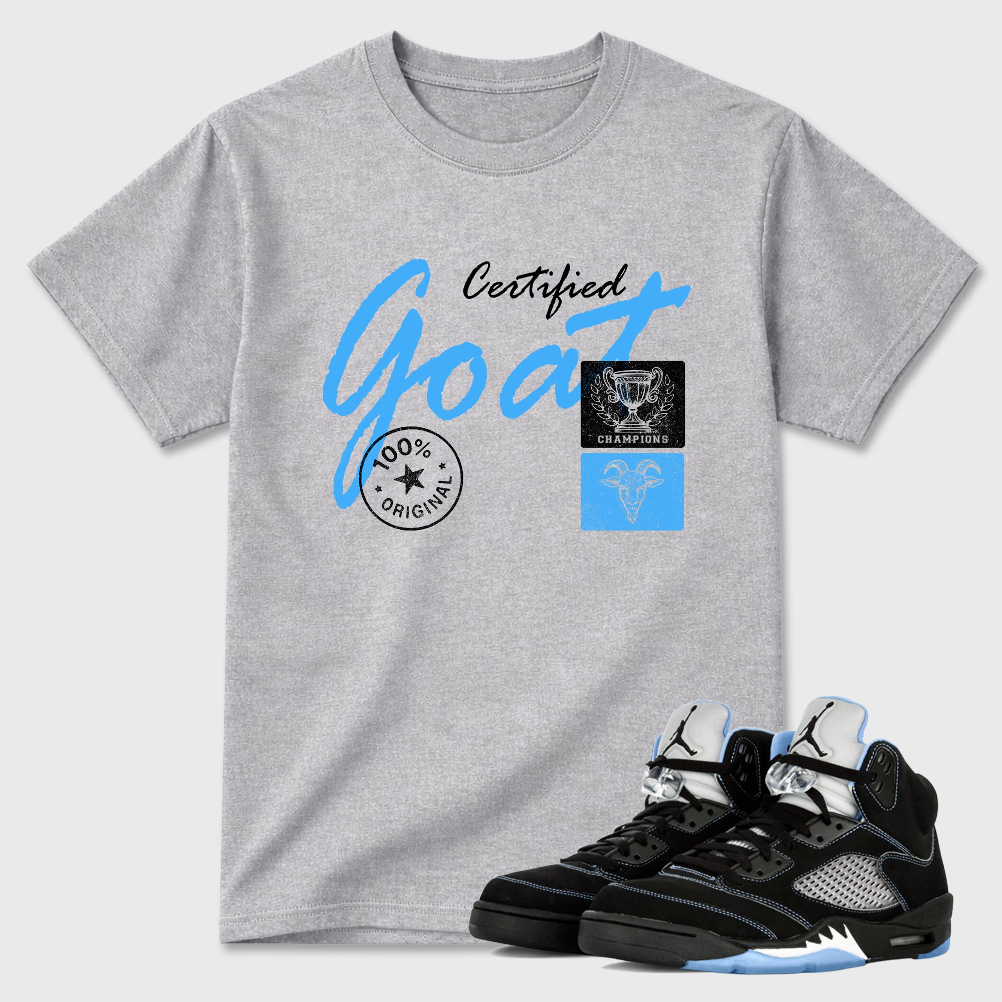 Certified Goat Graphic T-Shirt sneaker match tee designed for the Air Jordan 5 Black Carolina, featuring coordinated color options for a perfect streetwear match. Heather Grey 1 shirt.