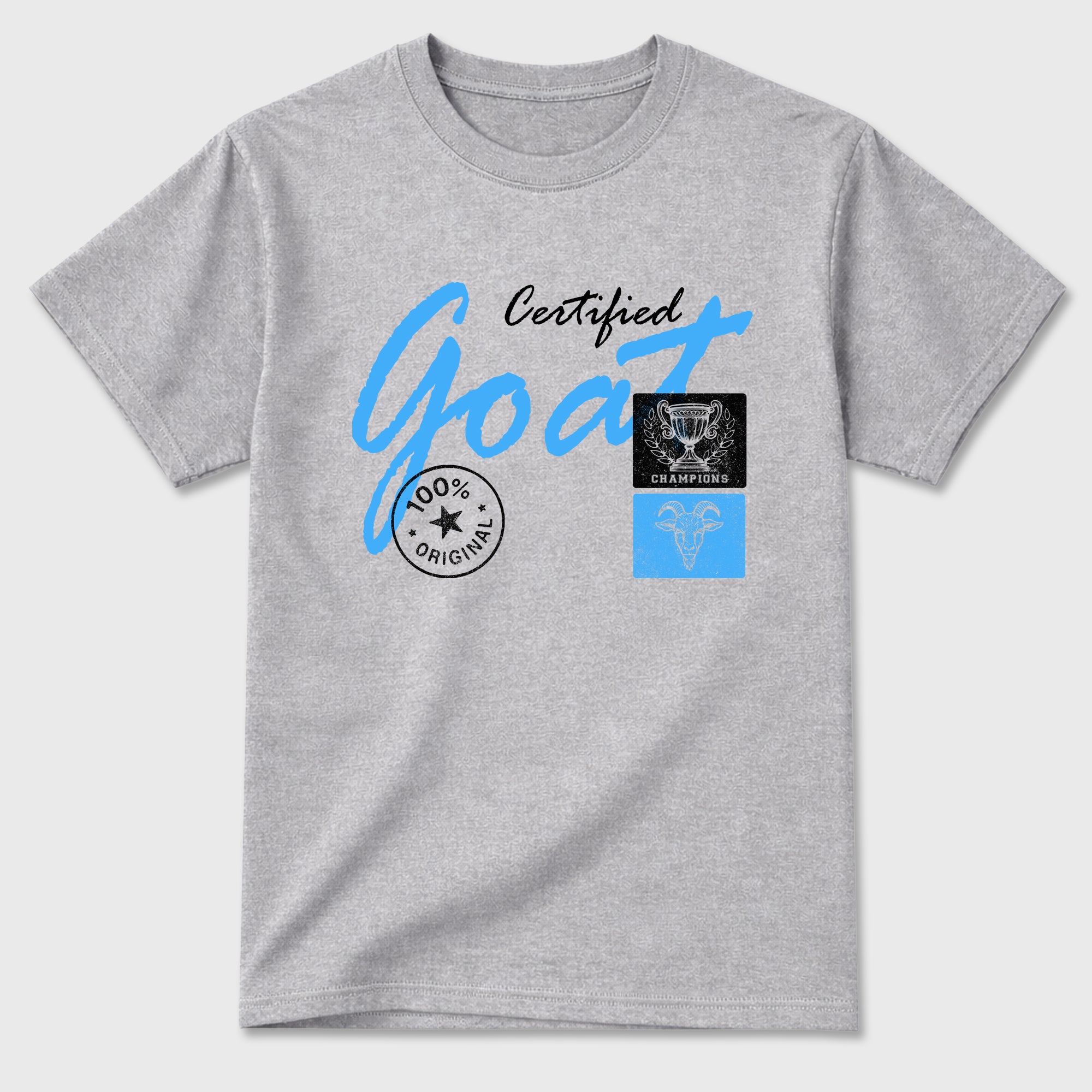 Certified Goat Graphic T-Shirt sneaker match tee designed for the Air Jordan 5 Black Carolina, featuring coordinated color options for a perfect streetwear match. Heather Grey 2 shirt.