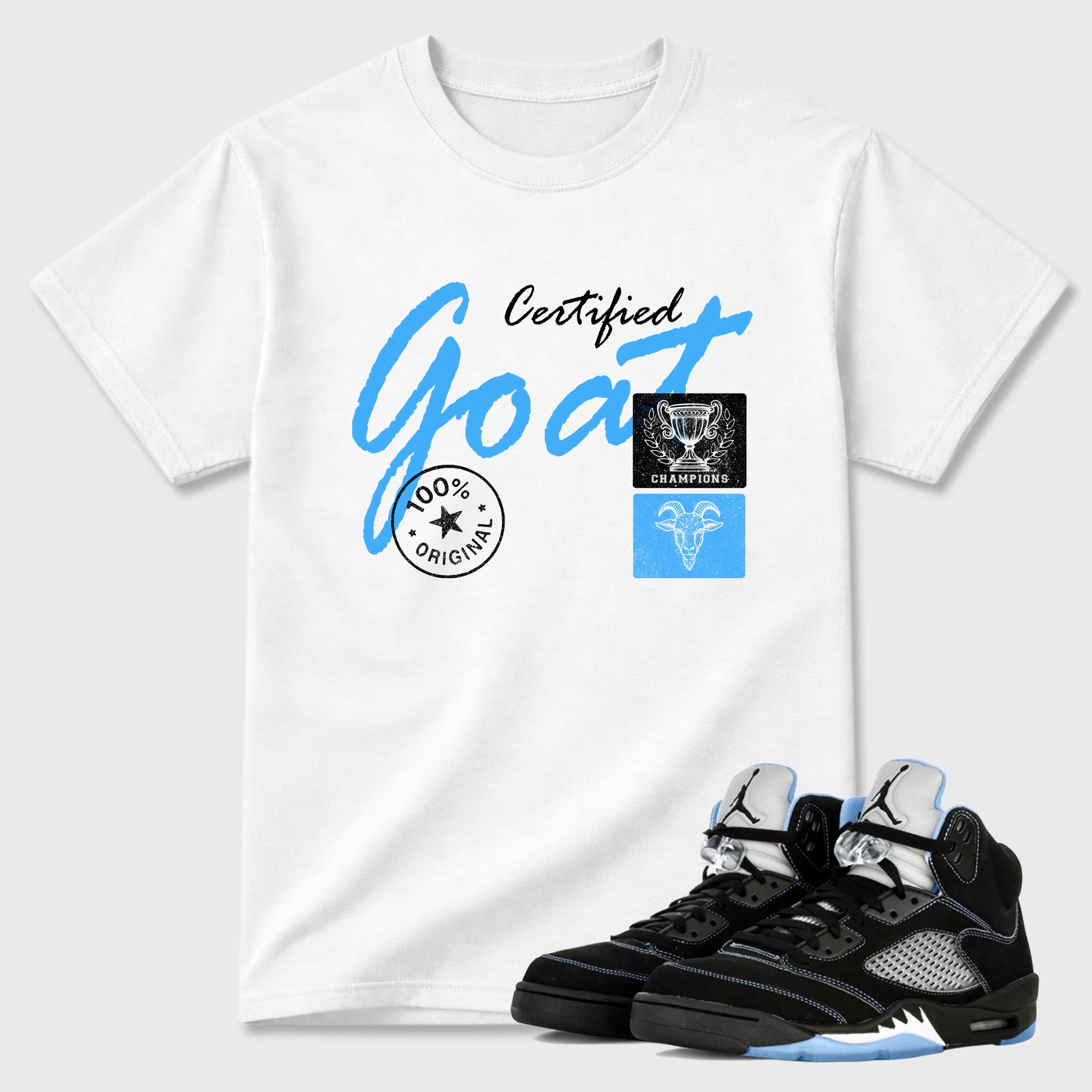Certified Goat Graphic T-Shirt sneaker match tee designed for the Air Jordan 5 Black Carolina, featuring coordinated color options for a perfect streetwear match. White 1 shirt.