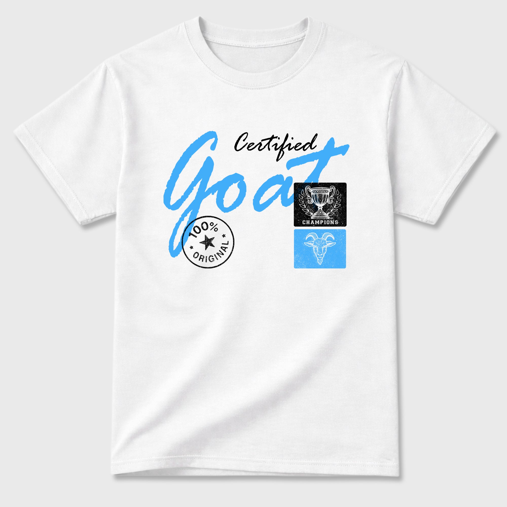 Certified Goat Graphic T-Shirt sneaker match tee designed for the Air Jordan 5 Black Carolina, featuring coordinated color options for a perfect streetwear match. White 2 shirt.