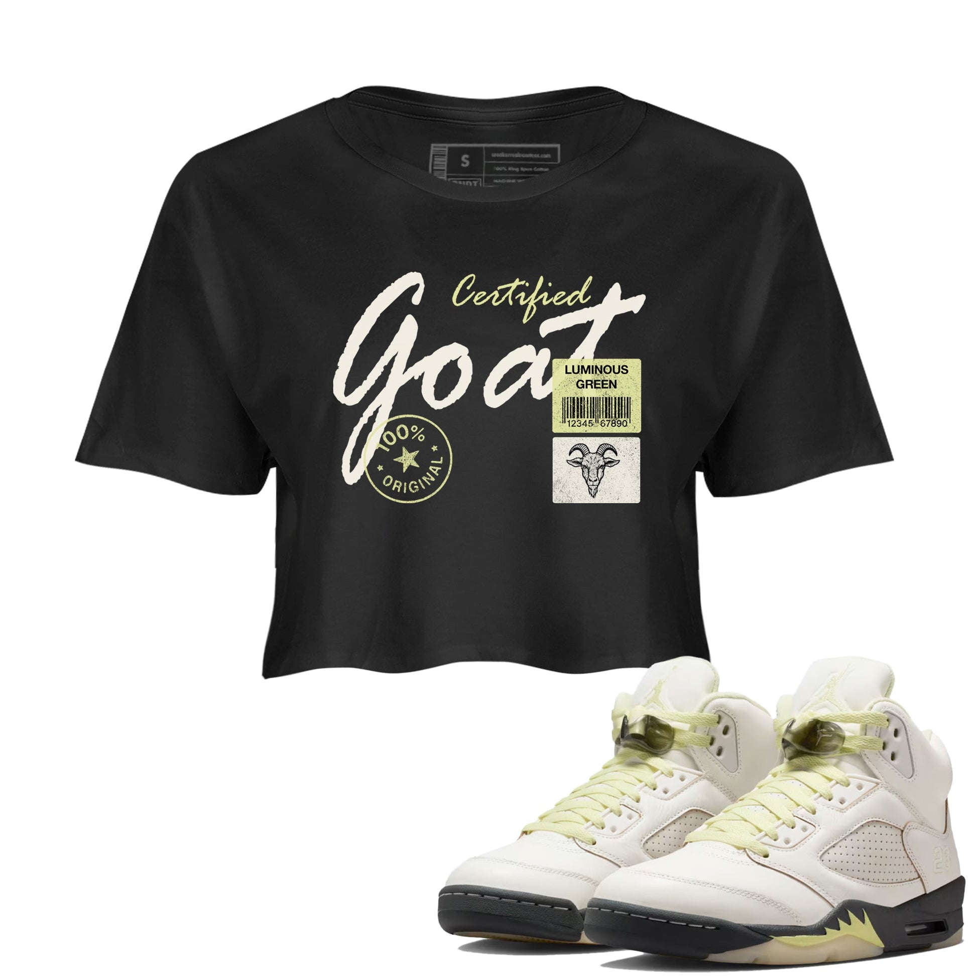 Sneaker match tees – Streetwear Graphic Tees Air Jordan 5 Luminous Green Sneakers – Certified Goat Graphic Crop T-Shirt Black 1