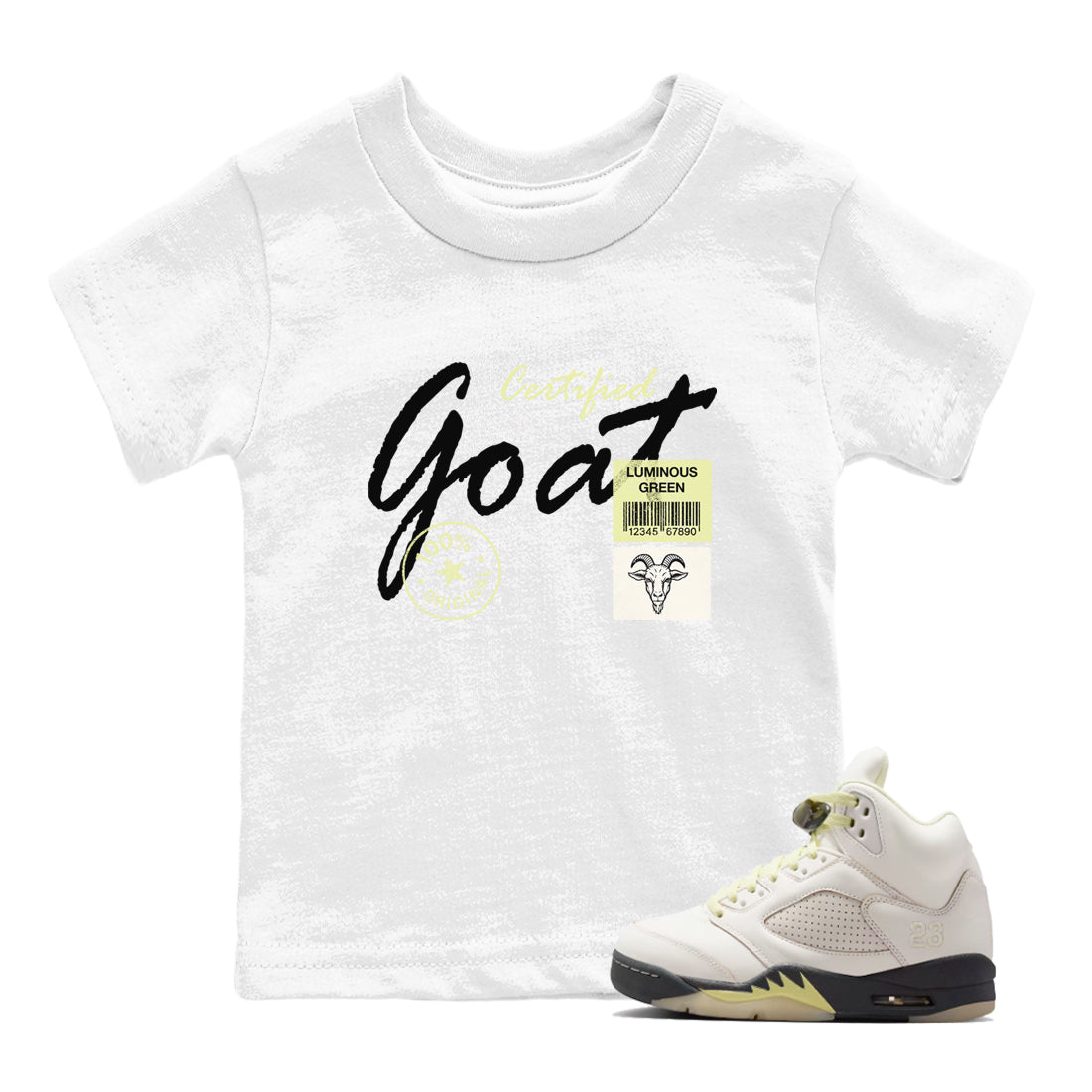 Sneaker match tees – Streetwear Graphic Tees Air Jordan 5 Luminous Green Sneakers – Certified Goat Kids Craphic T-Shirt White 1