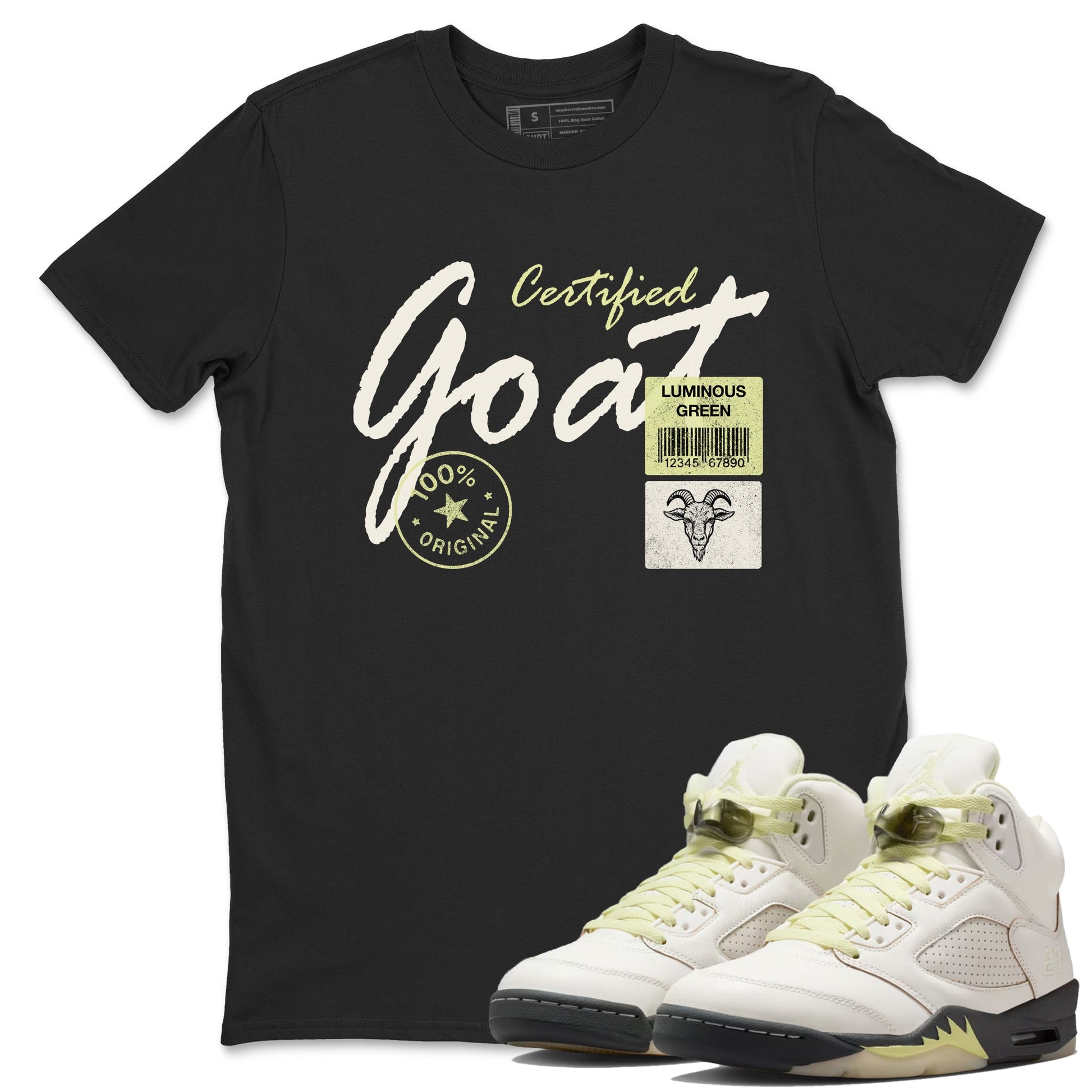 Sneaker match tees – Streetwear Graphic Tees Air Jordan 5 Luminous Green Sneakers – Certified Goat Graphic Tee Black 1