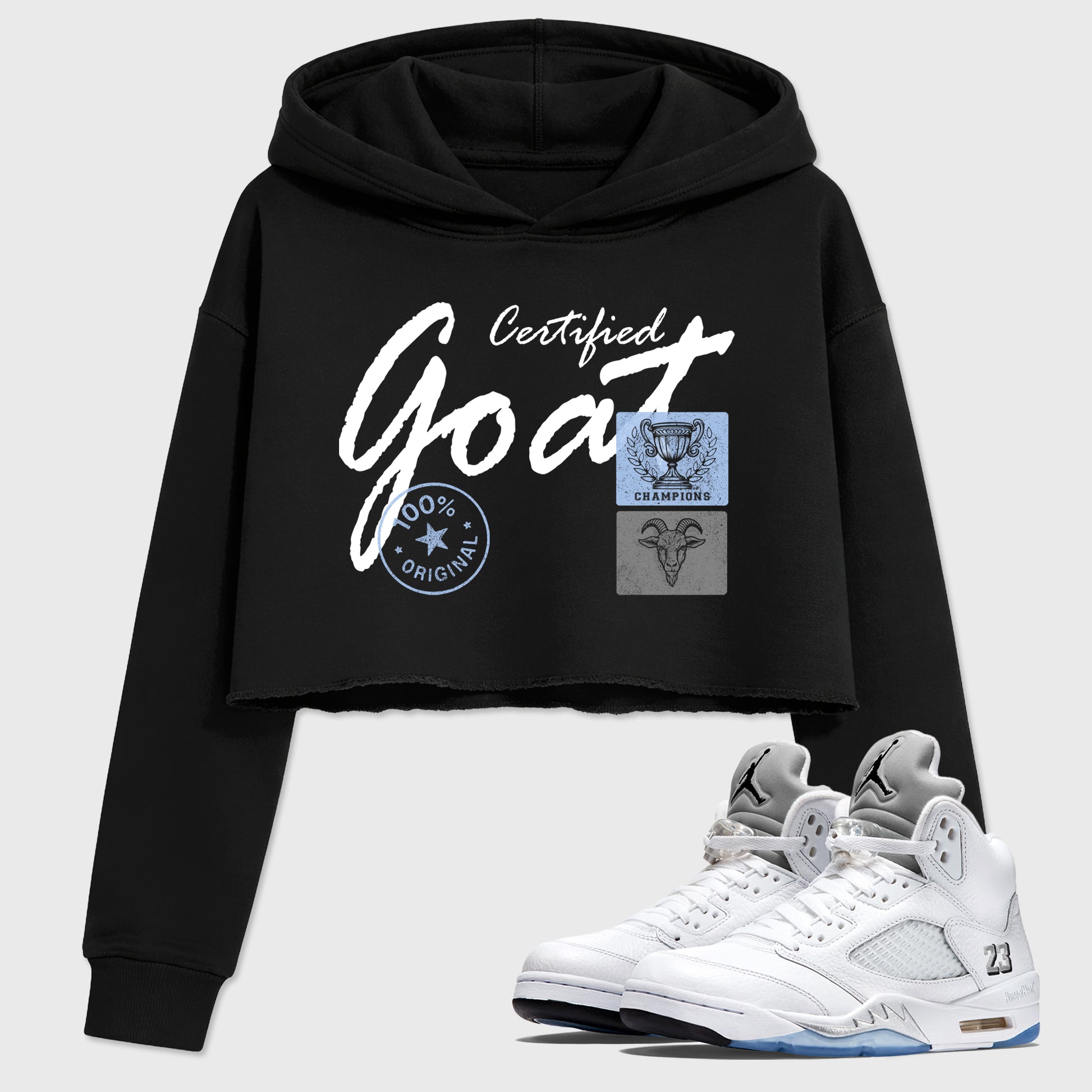 Sneaker match tees – Sneaker Tees To Match Air Jordan 5 White Metallic Shoes – Certified Goat Crop T-Shirt Black 1