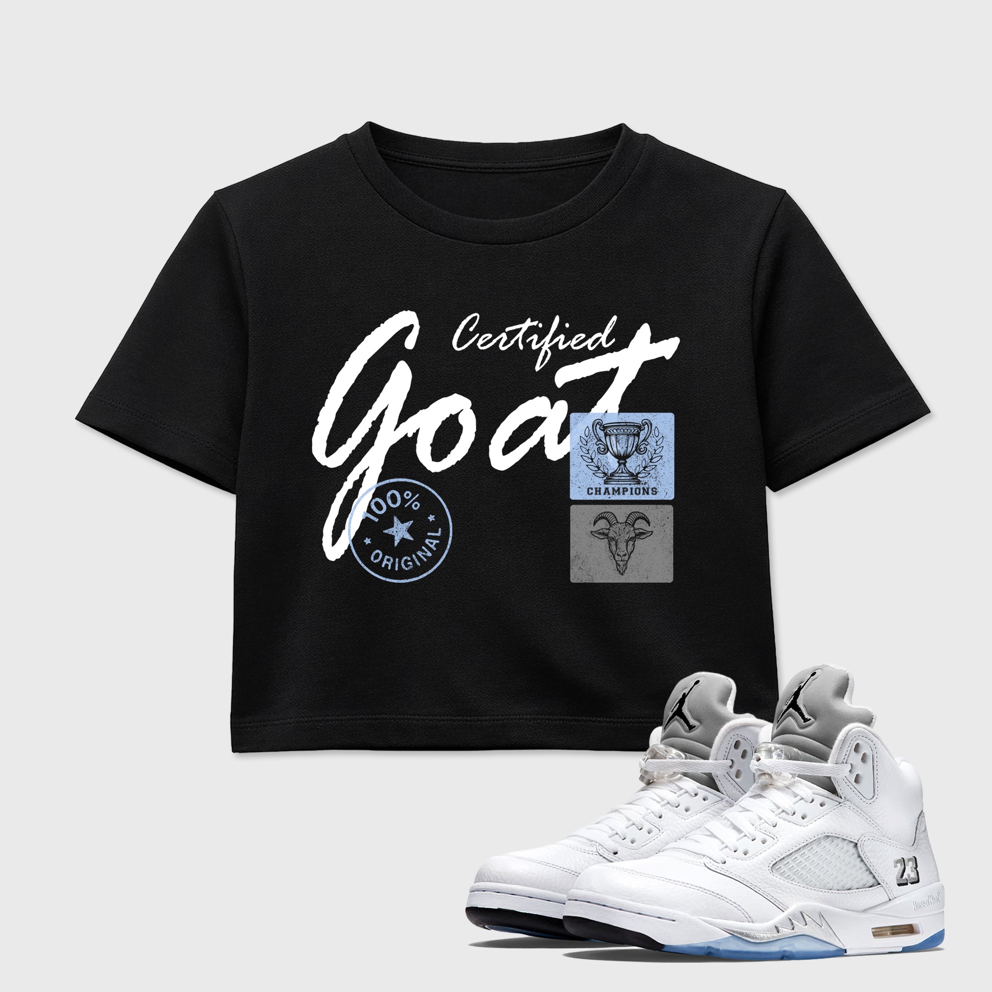 Sneaker match tees – Sneaker Tees To Match Air Jordan 5 White Metallic Shoes – Certified Goat Crop T-Shirt Black 1