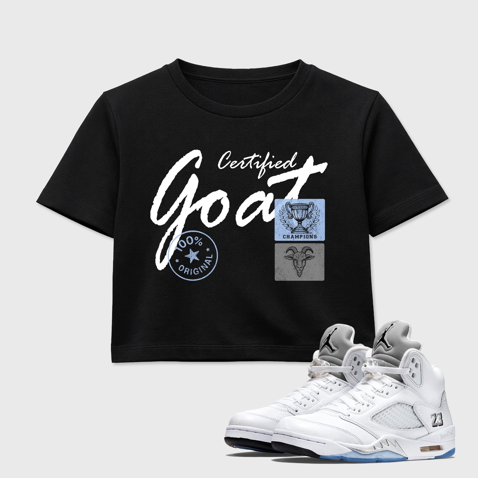 Sneaker match tees – Sneaker Tees To Match Air Jordan 5 White Metallic Shoes – Certified Goat Crop T-Shirt Black 1