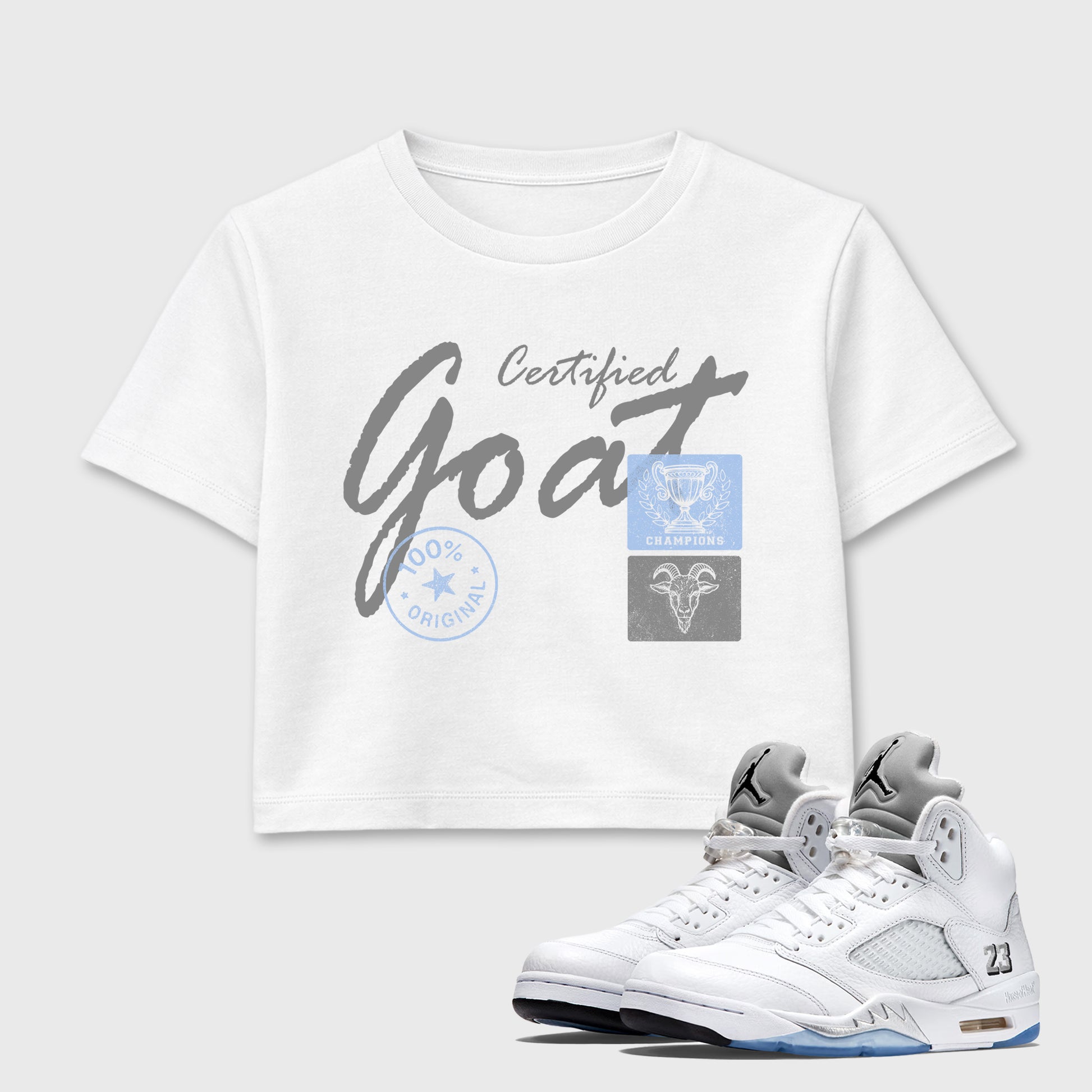 Sneaker match tees – Sneaker Tees To Match Air Jordan 5 White Metallic Shoes – Certified Goat Crop T-Shirt White 1