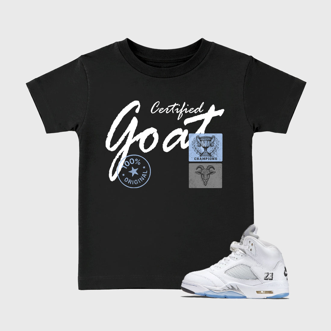 Sneaker match tees – Sneaker Tees To Match Air Jordan 5 White Metallic Shoes – Certified Goat Kids T-Shirt Black 1
