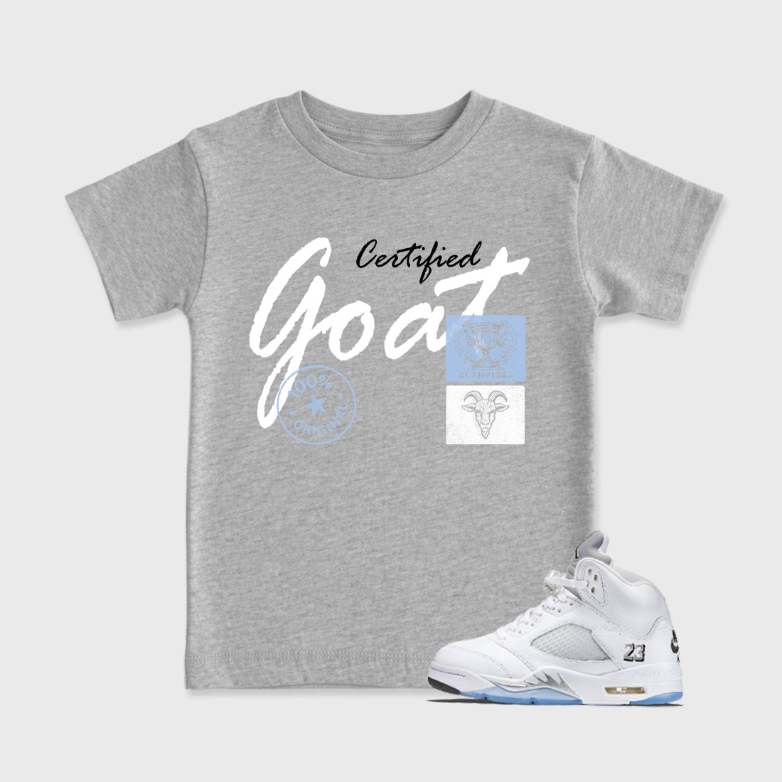 Sneaker match tees – Sneaker Tees To Match Air Jordan 5 White Metallic Shoes – Certified Goat Kids T-Shirt Heather Grey 1