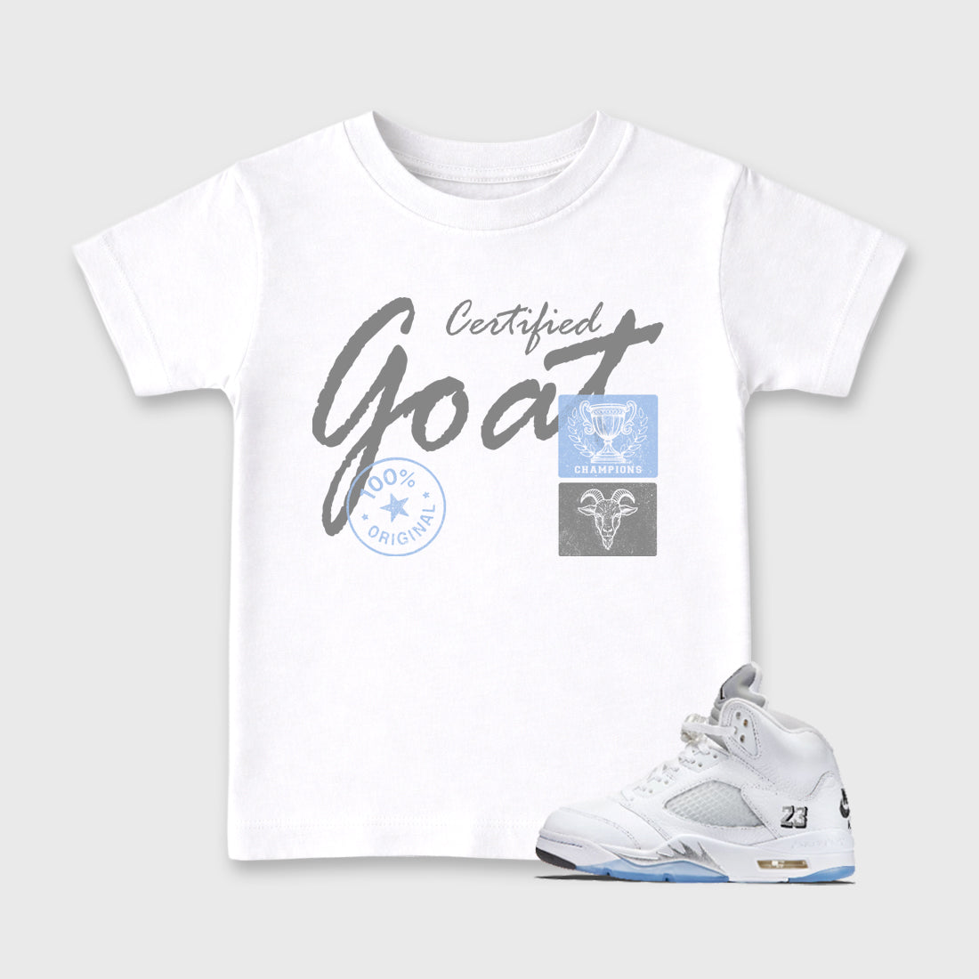 Sneaker match tees – Sneaker Tees To Match Air Jordan 5 White Metallic Shoes – Certified Goat Kids T-Shirt White 1