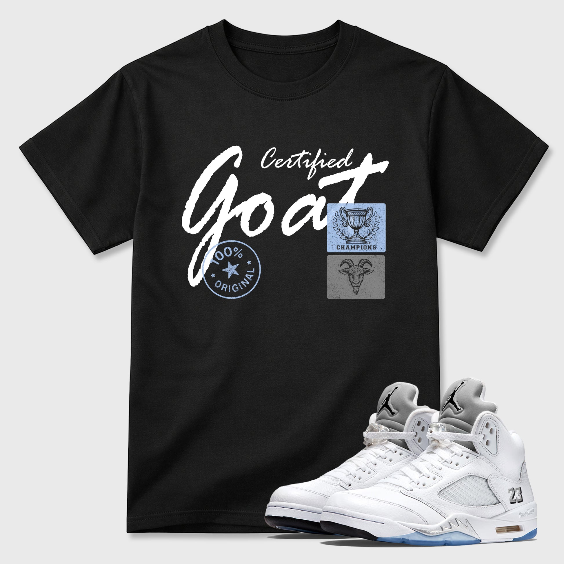 Sneaker match tees – Sneaker Tees To Match Air Jordan 5 White Metallic Shoes – Certified Goat Tee Black 1