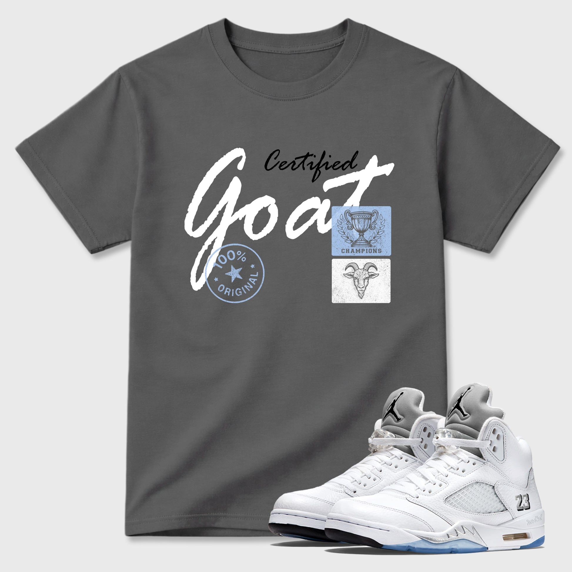 Sneaker match tees – Sneaker Tees To Match Air Jordan 5 White Metallic Shoes – Certified Goat Tee Cool Grey 1