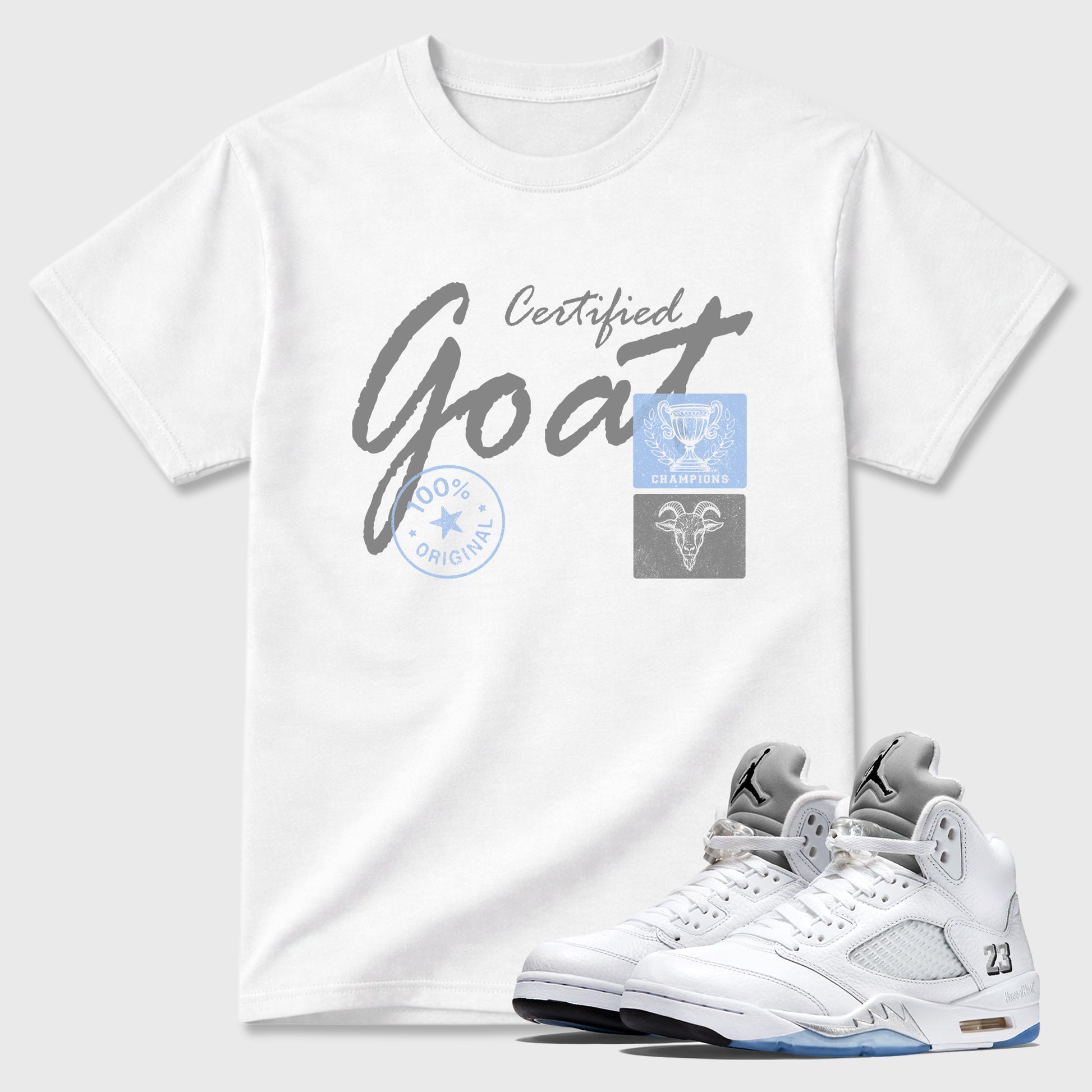 Sneaker match tees – Sneaker Tees To Match Air Jordan 5 White Metallic Shoes – Certified Goat Tee White 1