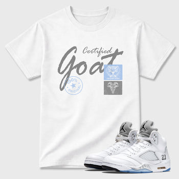 Sneaker match tees – Sneaker Tees To Match Air Jordan 5 White Metallic Shoes – Certified Goat Tee White 1