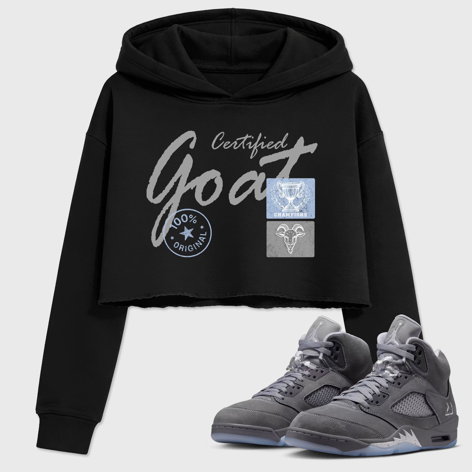 Sneakerfit for Sneakerheads – Sneaker Tees To Match Air Jordan 5 Wolf Grey Sneakers – Certified Goat Crop T-Shirt Black 1